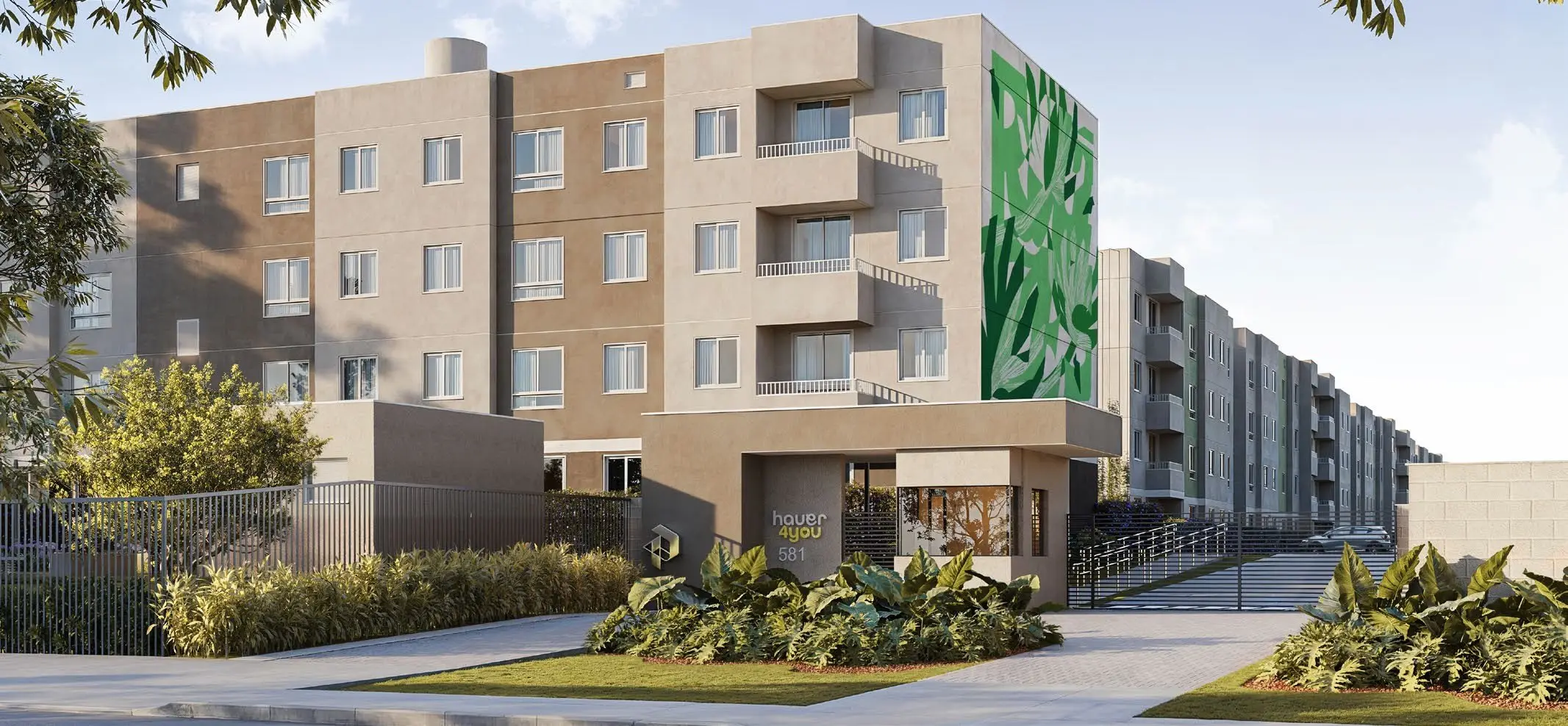 Fachada do Hauer 4you, prédios de 4 andares com mural colorido (render)