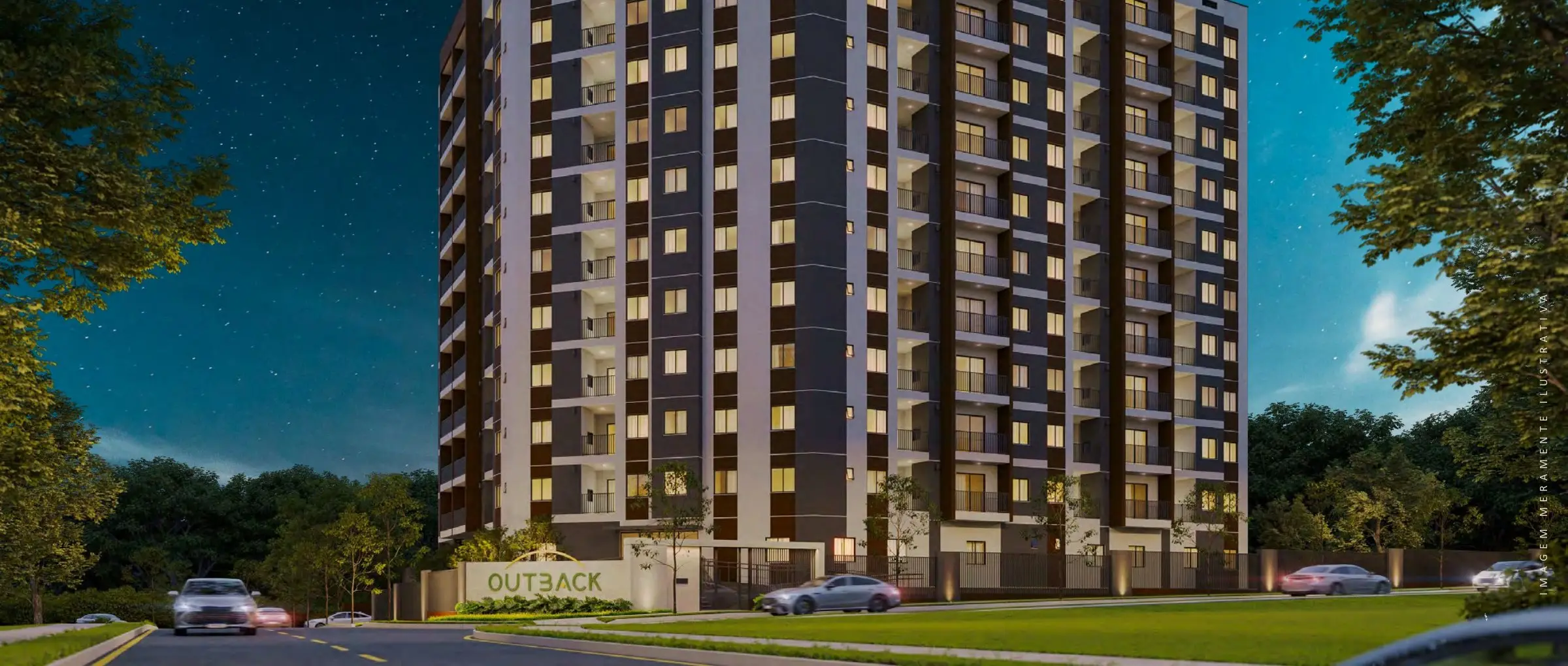 Fachada do Outback à noite, torre com janelas iluminadas (render)
