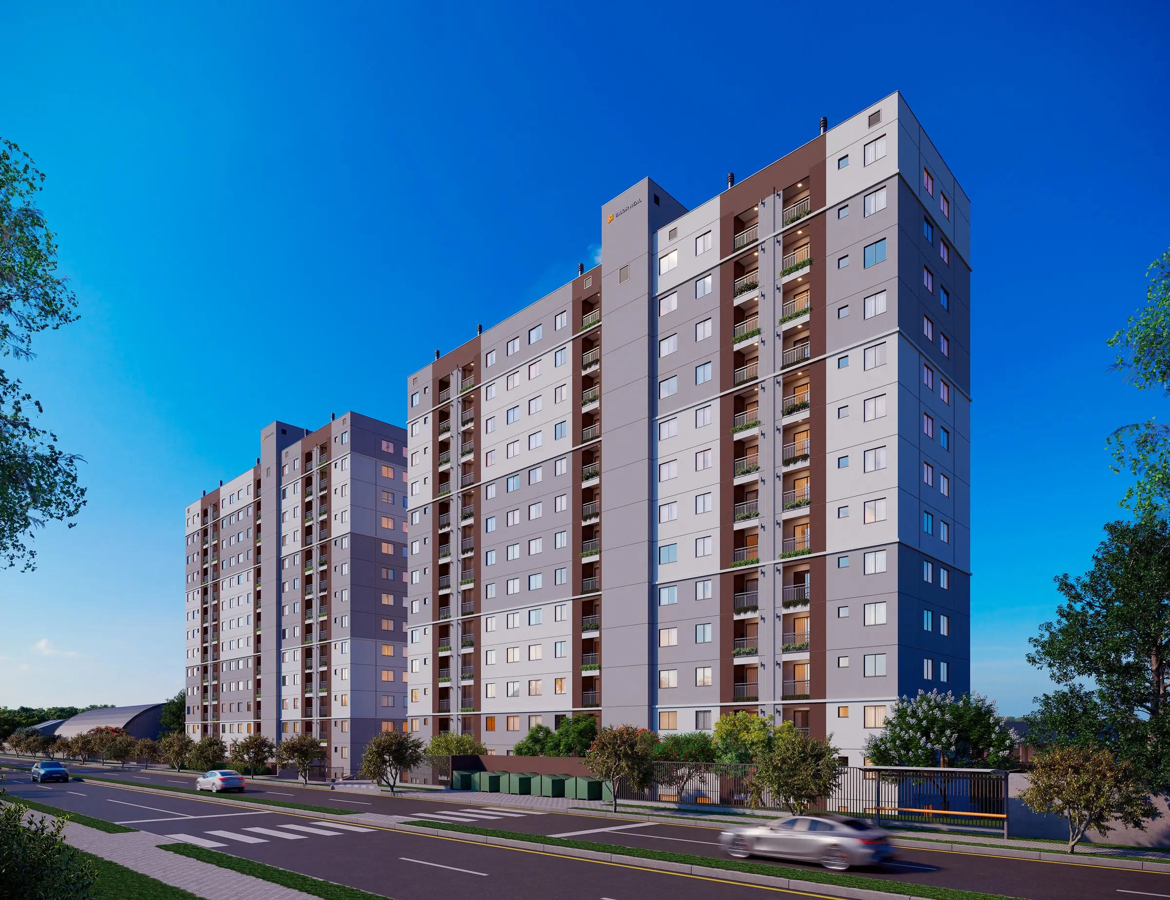 Torres do Piazza Bella Vista contra o céu azul (render)