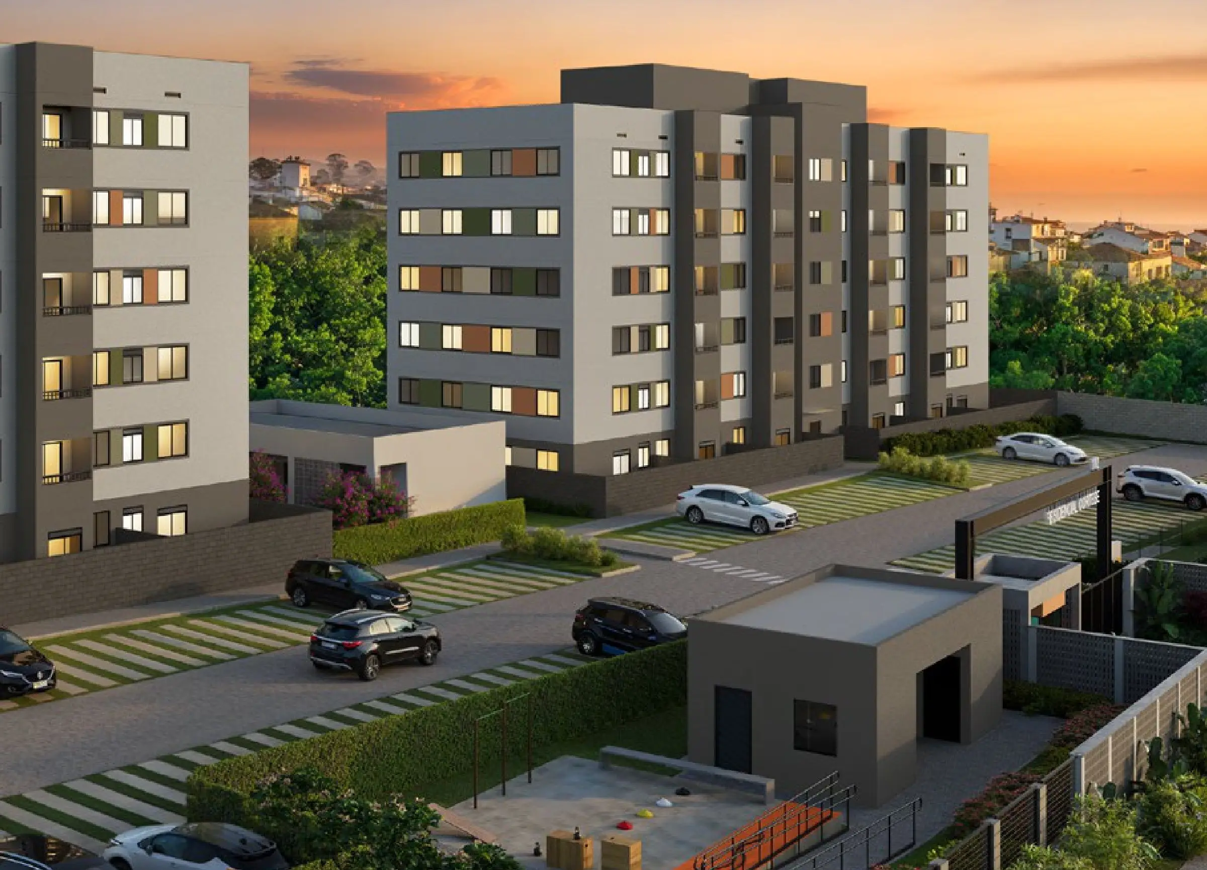 Torres do Residencial Cortese ao entardecer, com estacionamento e área de lazer (render)
