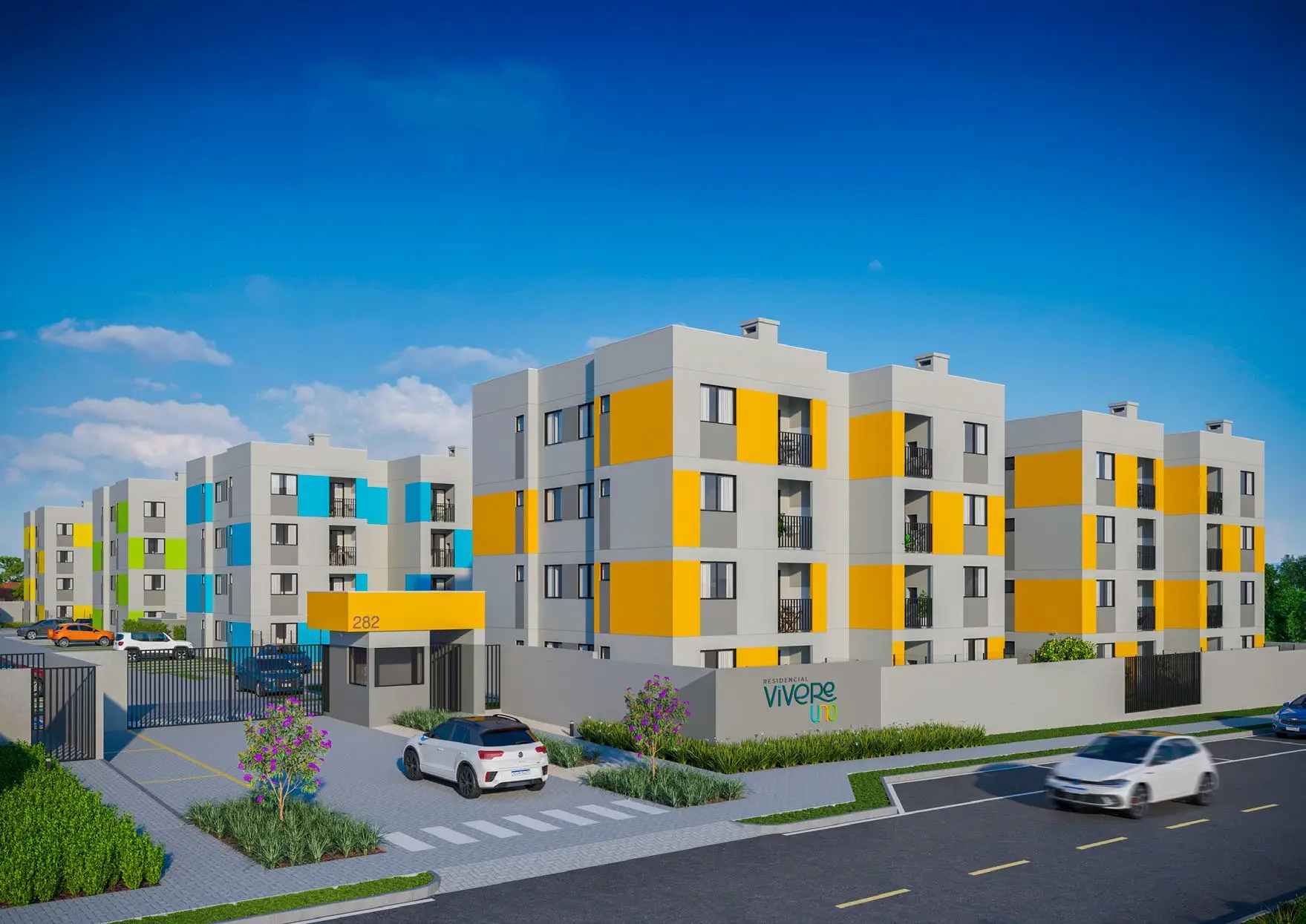 Fachada do Vivere Uno, blocos de 4 andares com detalhes em amarelo e azul (render)