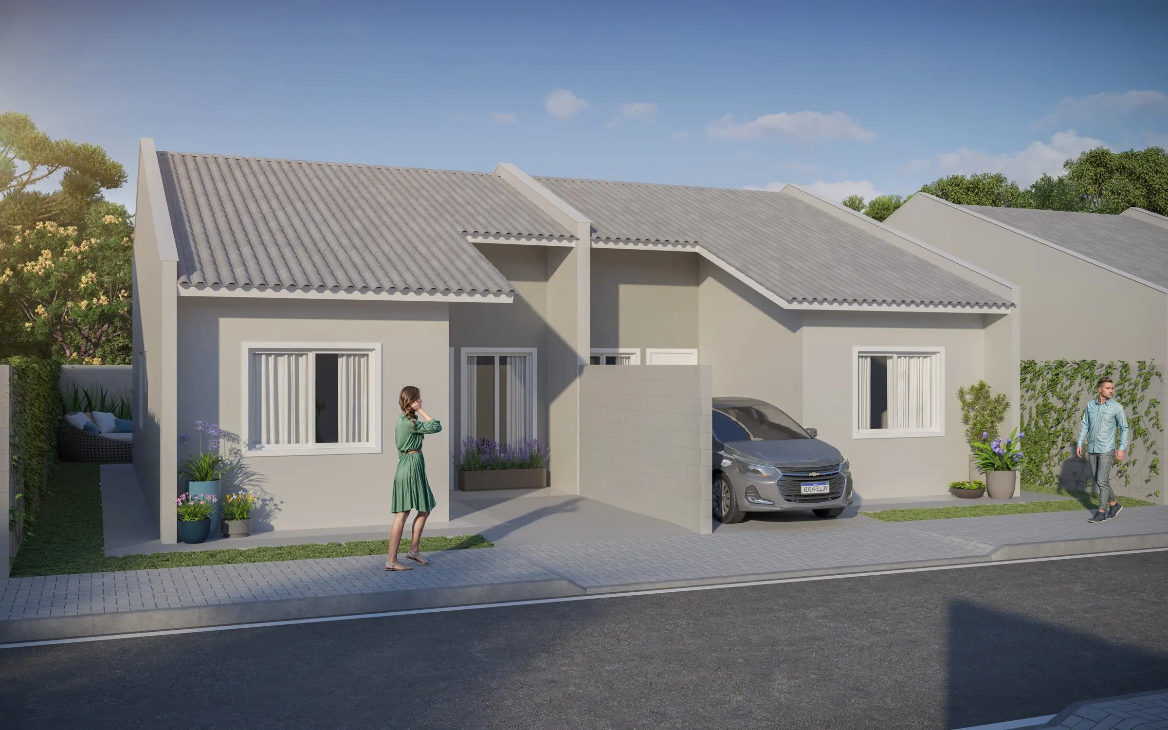 Fachada das casas térreas do Residencial Milos, com carro na garagem (render)