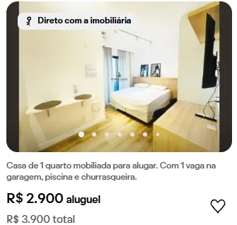 Print de anúncio real: casa de 1 quarto mobiliada para alugar por R$ 3.900 por mês