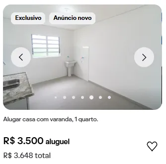 Print de anúncio real: casa de 1 quarto com varanda para alugar por R$ 3.648 por mês