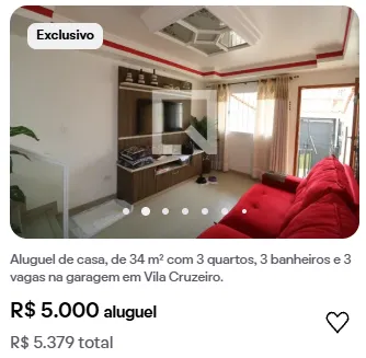 Print de anúncio real: casa de 34 m² com 3 quartos para alugar por R$ 5.379 por mês
