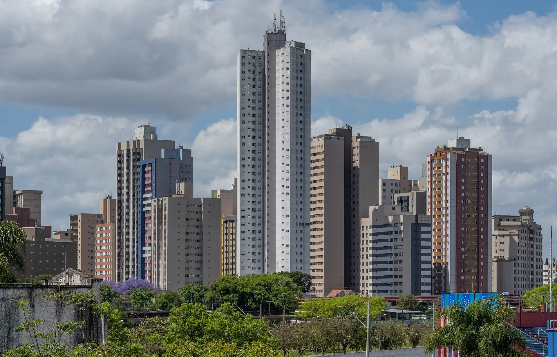 Prédios residenciais de Curitiba vistos de longe, com árvores e um ipê roxo em primeiro plano