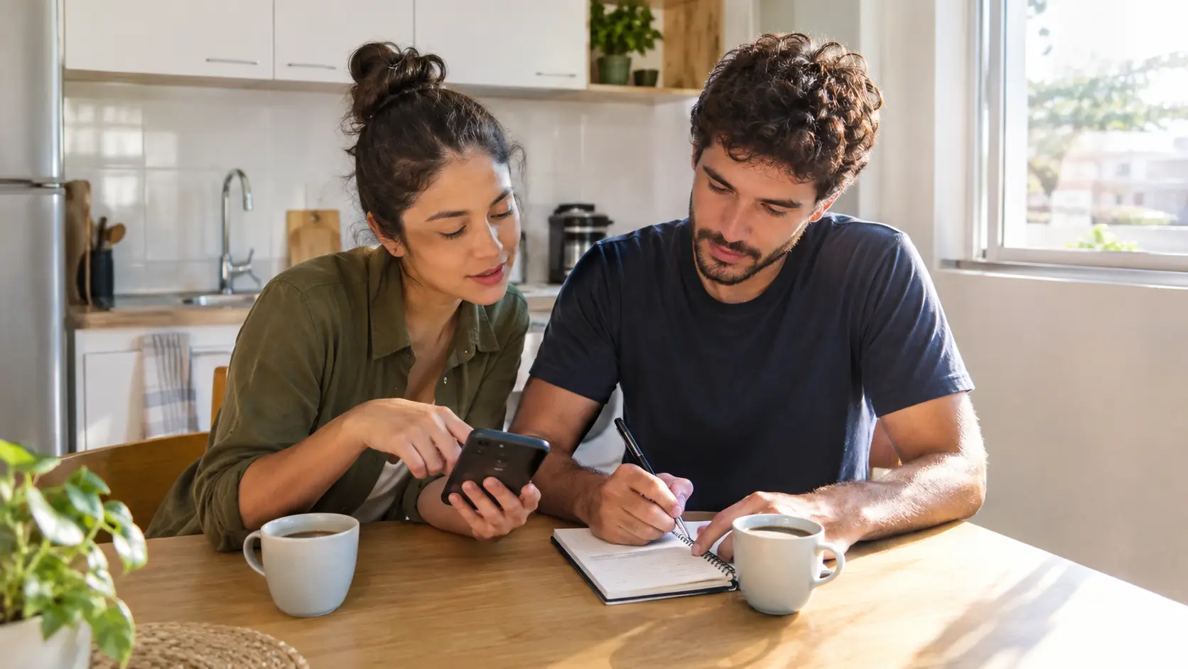 Casal na mesa da cozinha fazendo contas no celular e no caderno