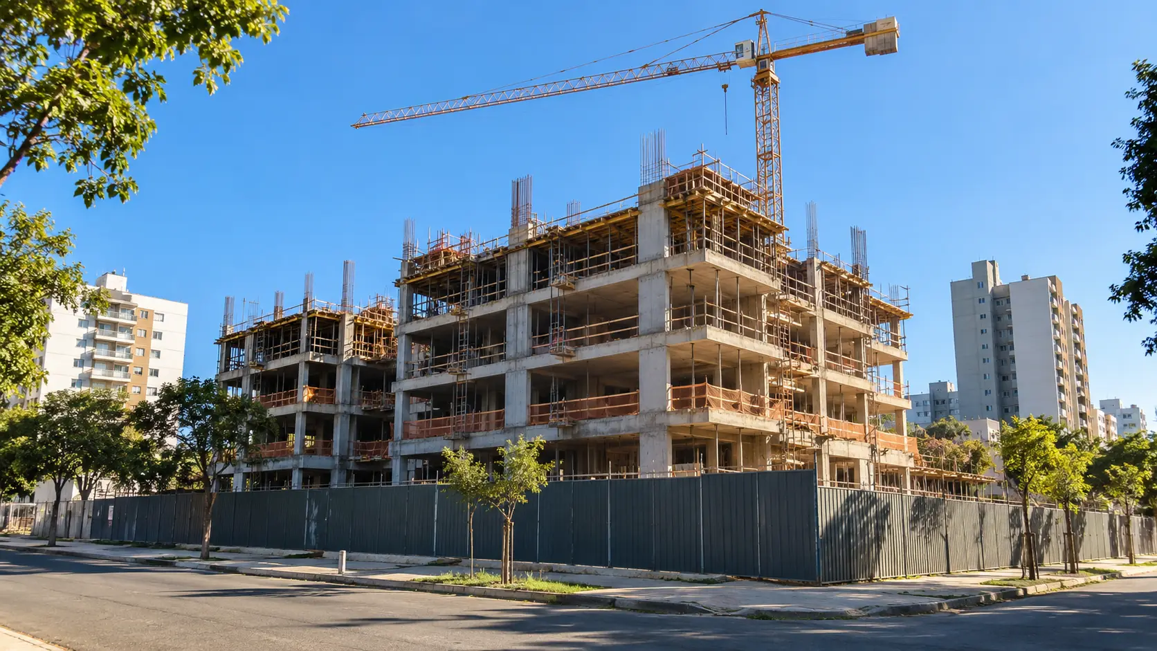 Prédio residencial em construção com guindaste, visto da rua