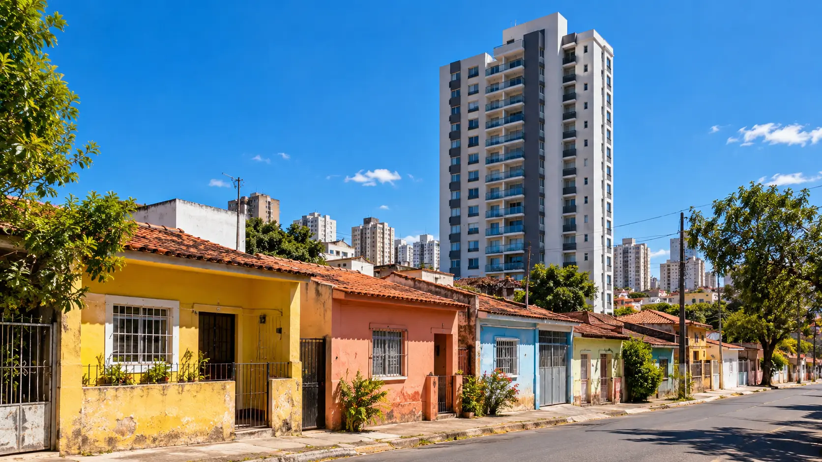 Rua com casas antigas coloridas e um prédio residencial novo ao fundo
