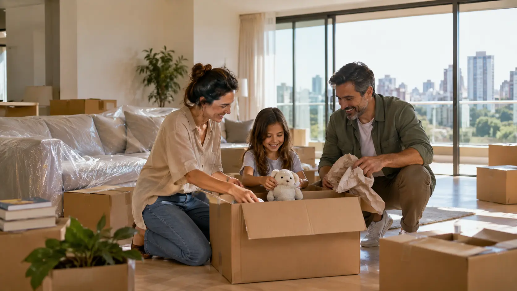 Família desembalando caixas de mudança na sala de um apartamento novo