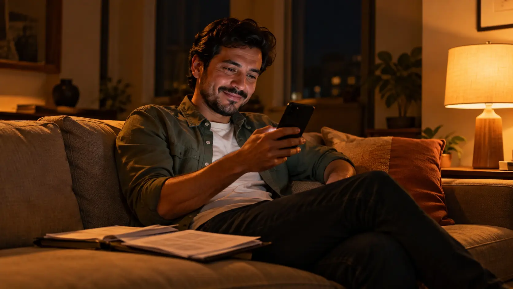 Homem no sofá à noite olhando o celular, com documentos ao lado