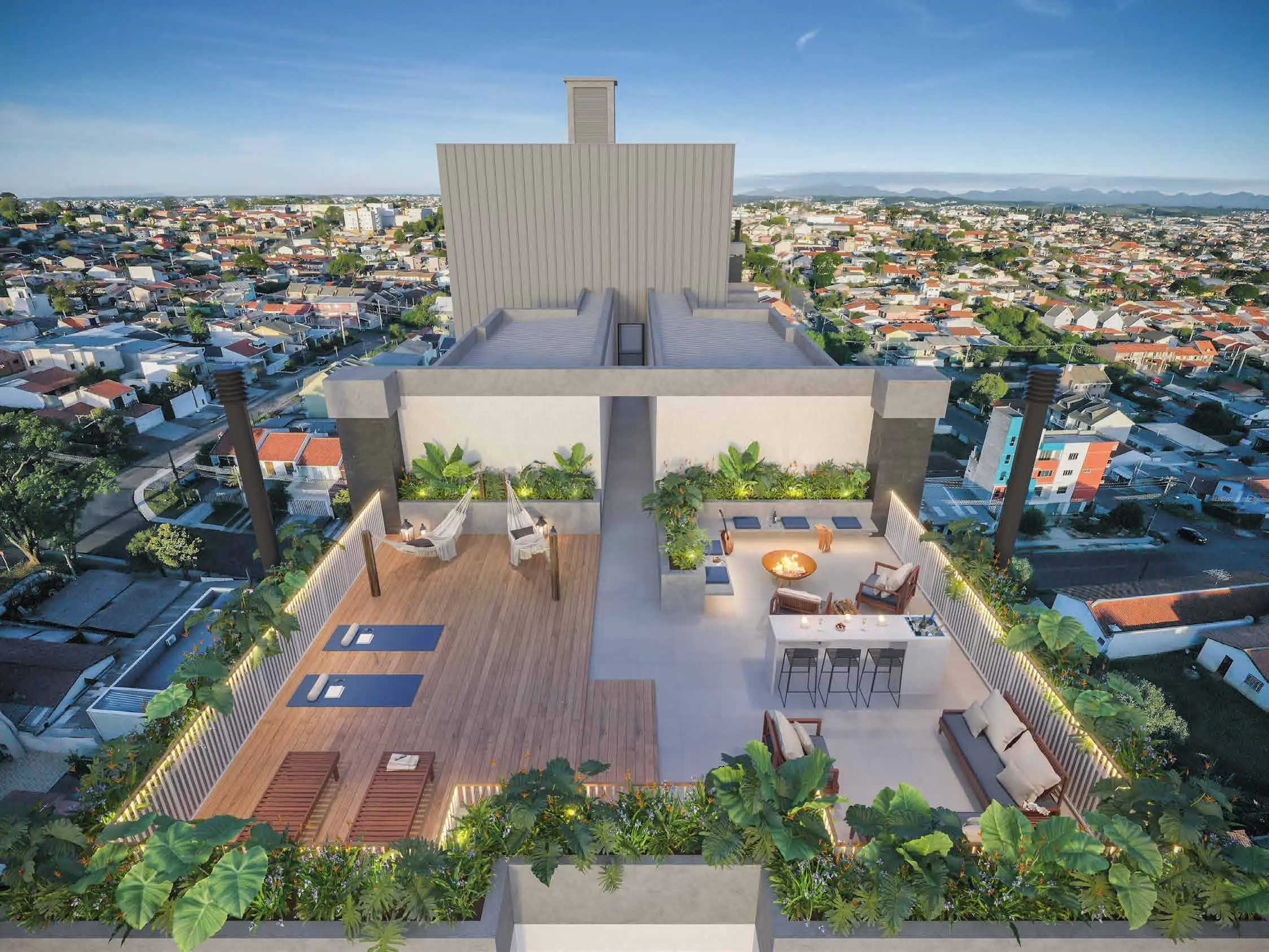 Vista aérea do rooftop com área de estar, render
