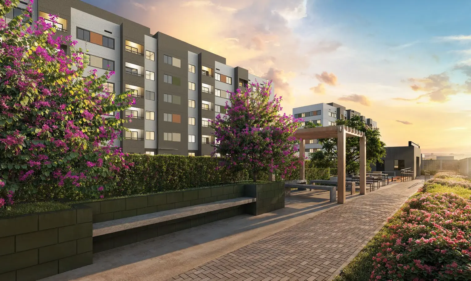 Jardim com pergolado e área de convivência, render