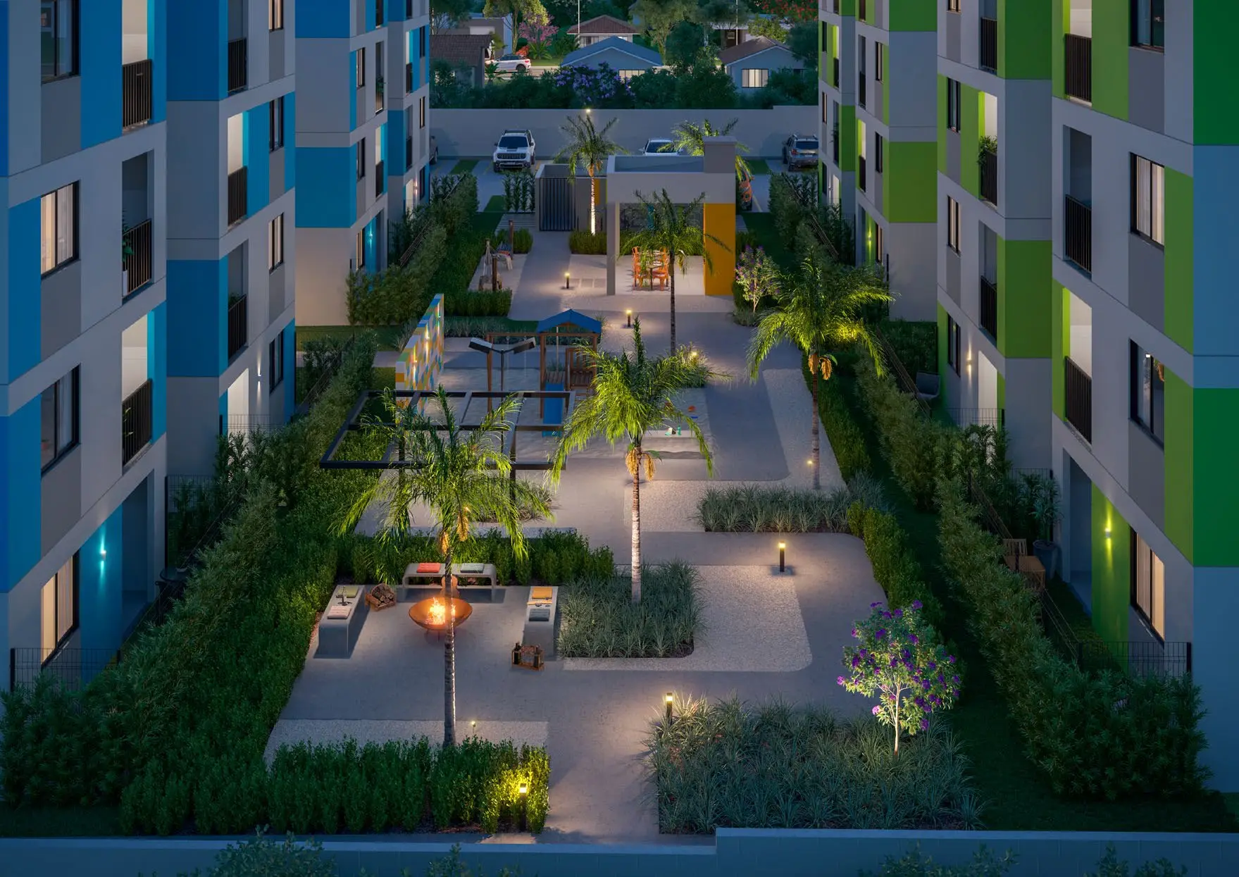 Boulevard iluminado entre os blocos, render