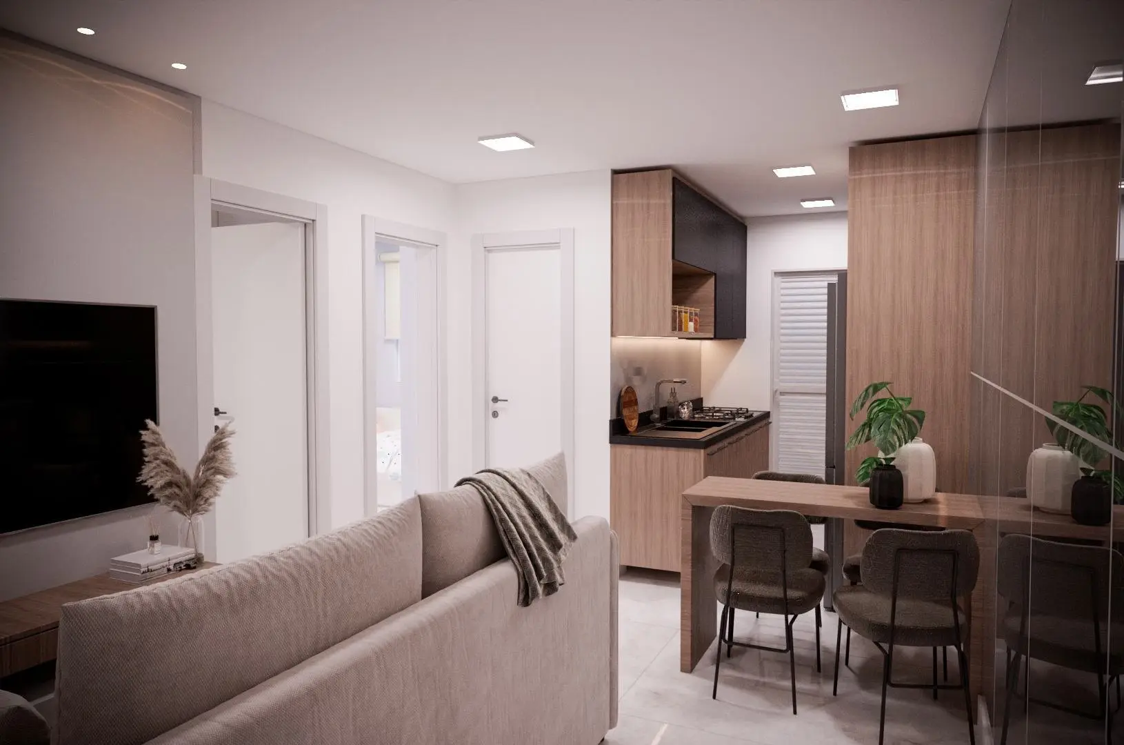 Sala e cozinha, render