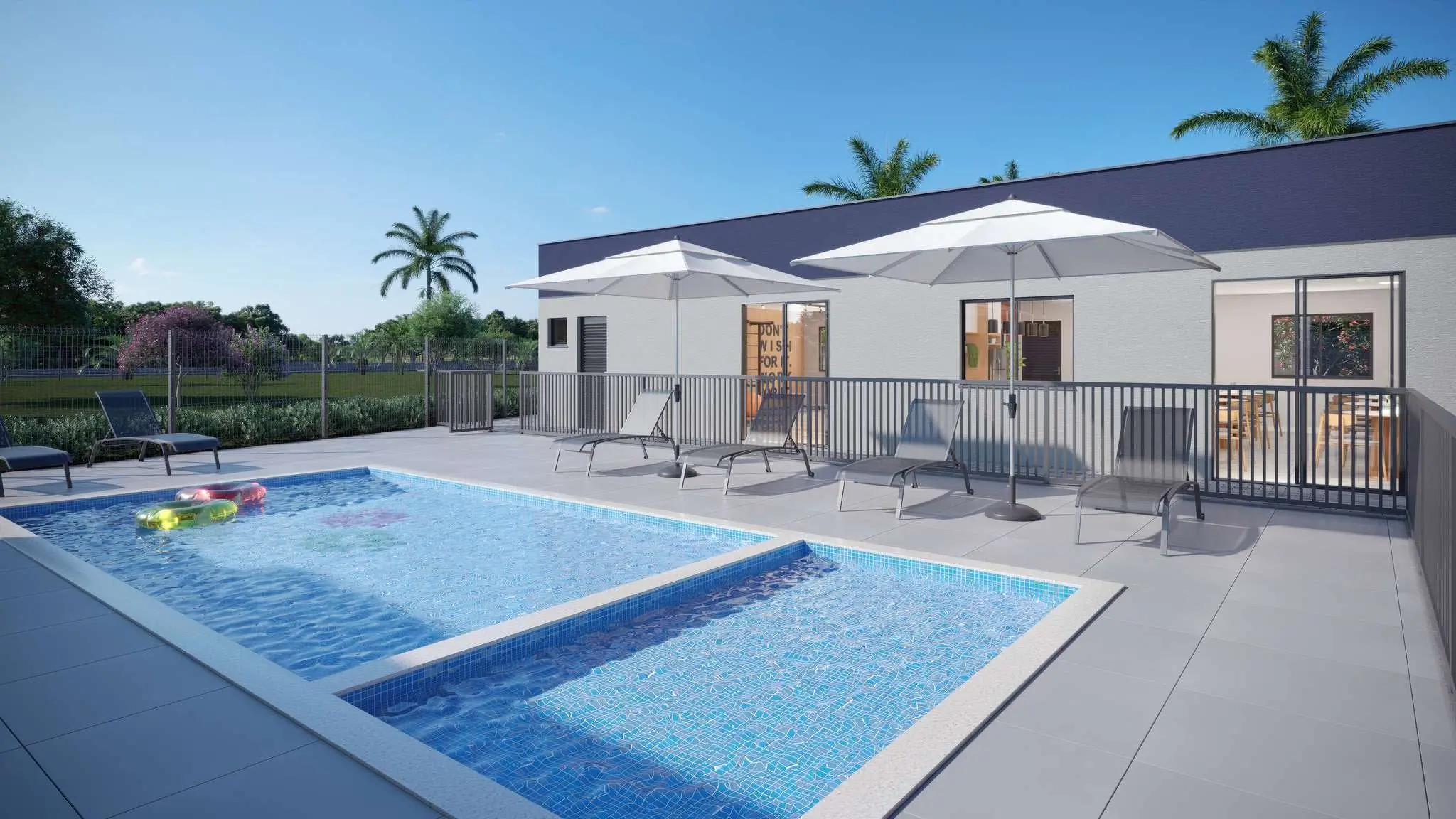 Piscina do condomínio com deck e espreguiçadeiras, render