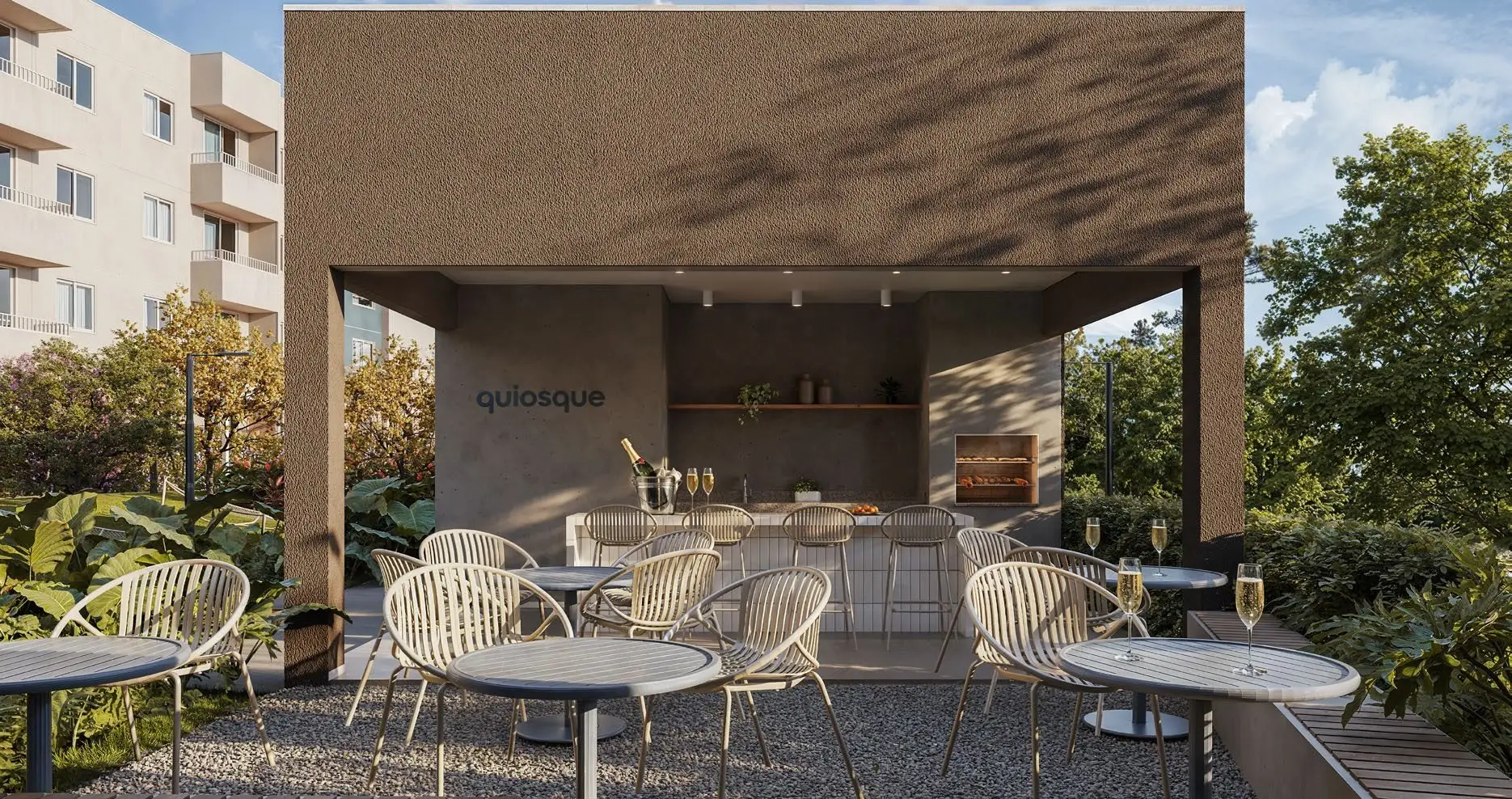 Quiosque coberto com churrasqueira e mesas, render
