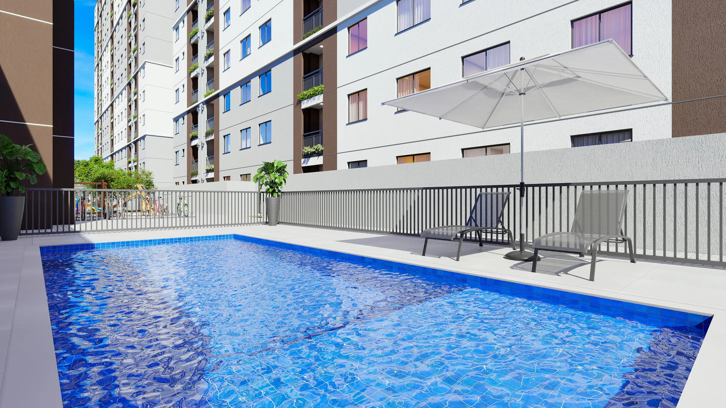 Piscina com guarda-sóis entre as torres, render