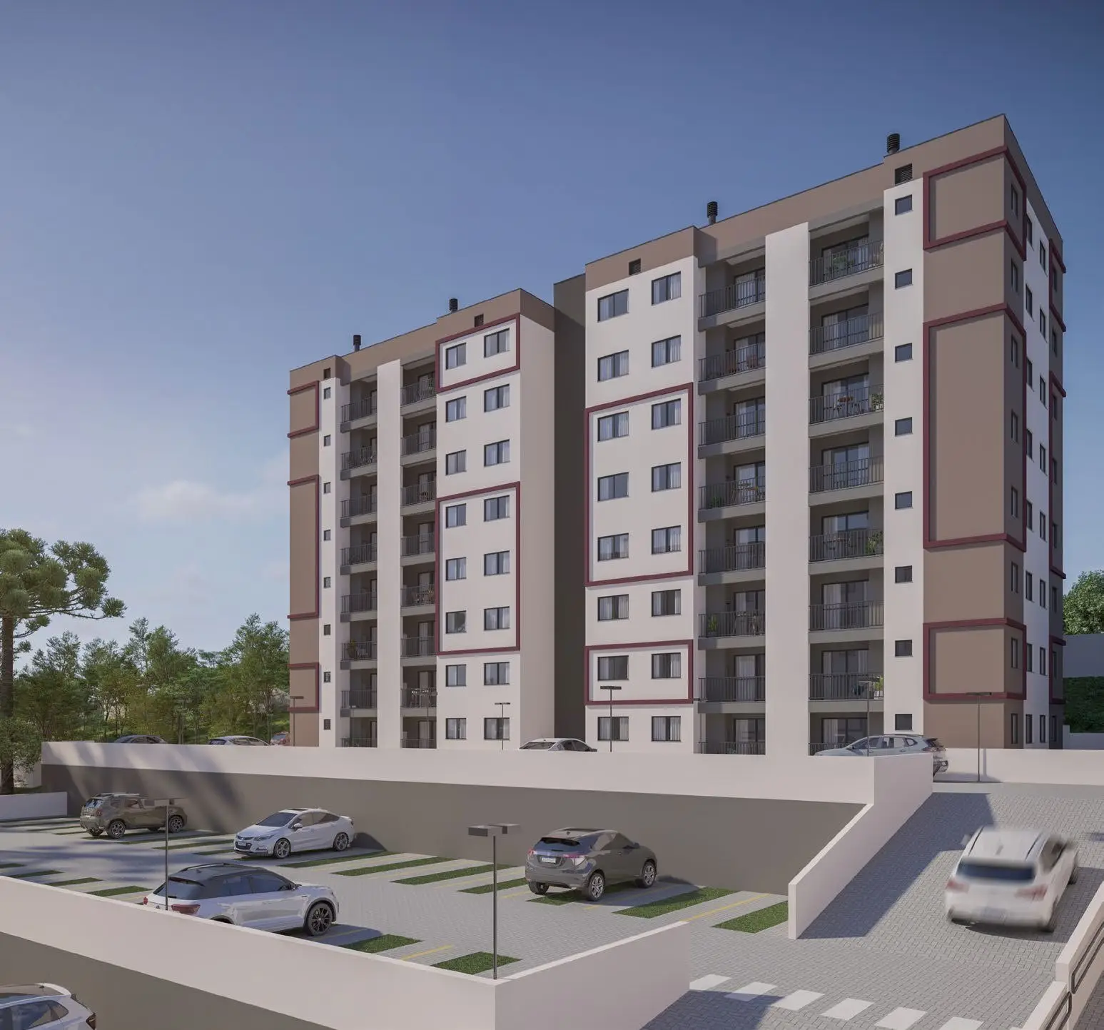 Fachada e estacionamento, render