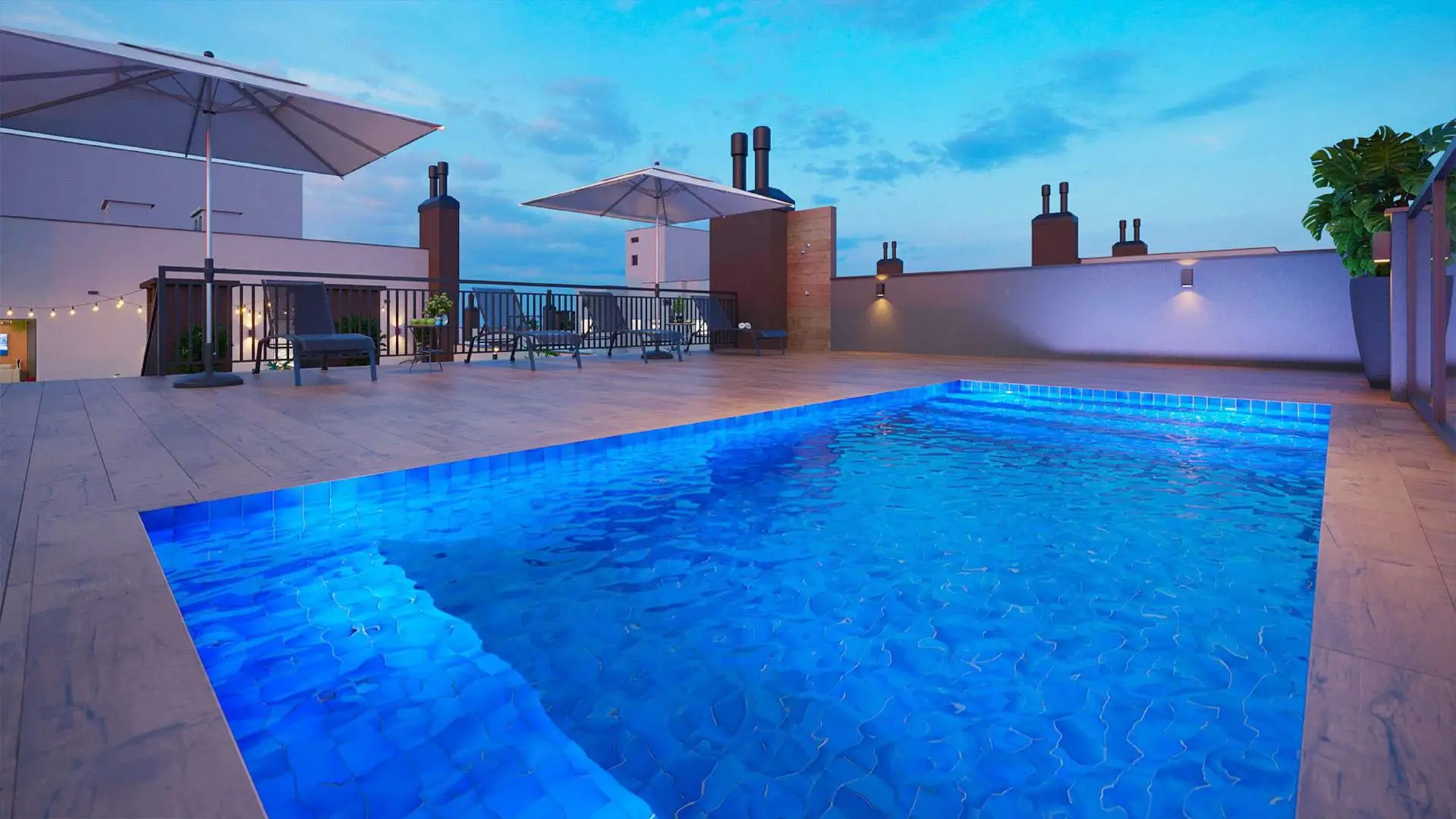 Piscina iluminada no rooftop ao anoitecer, render