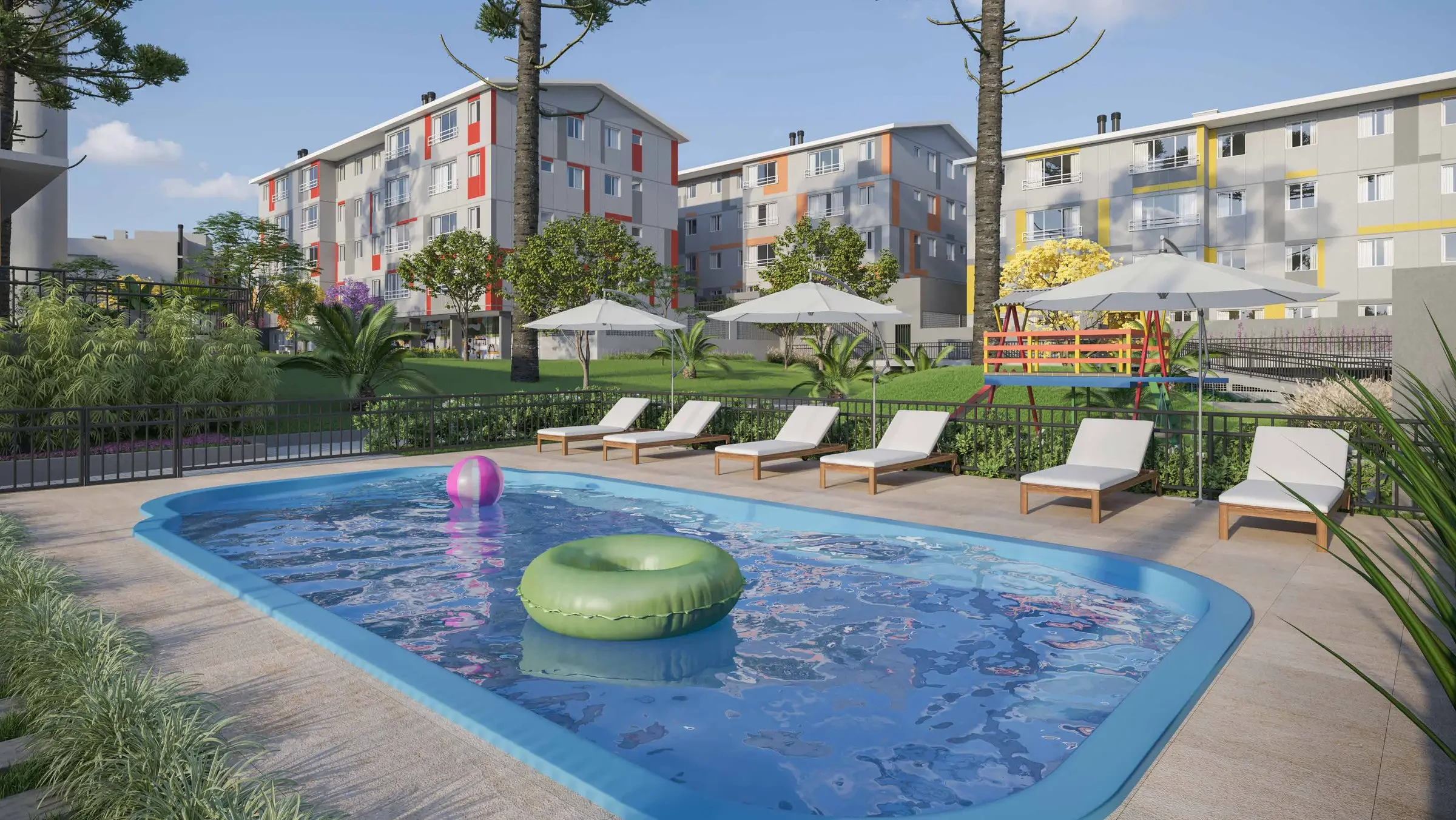 Piscina com espreguiçadeiras e jardim, render
