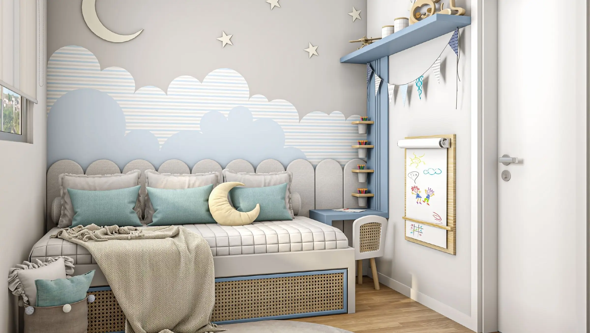 Ateliê, decorado como quarto, render