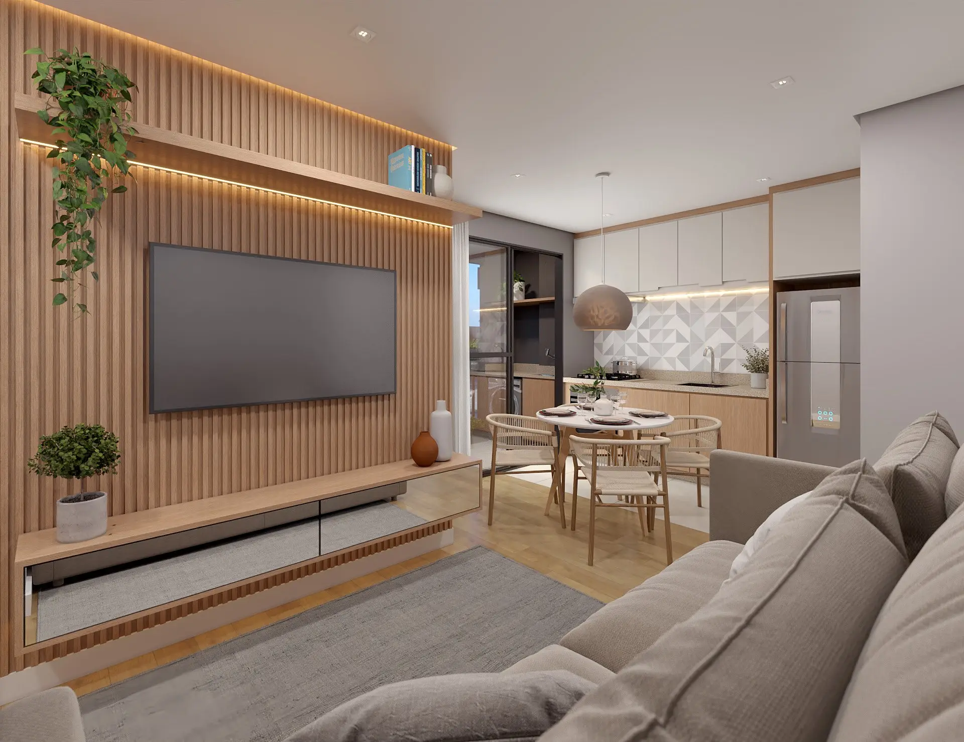 Sala de estar com painel de madeira, render