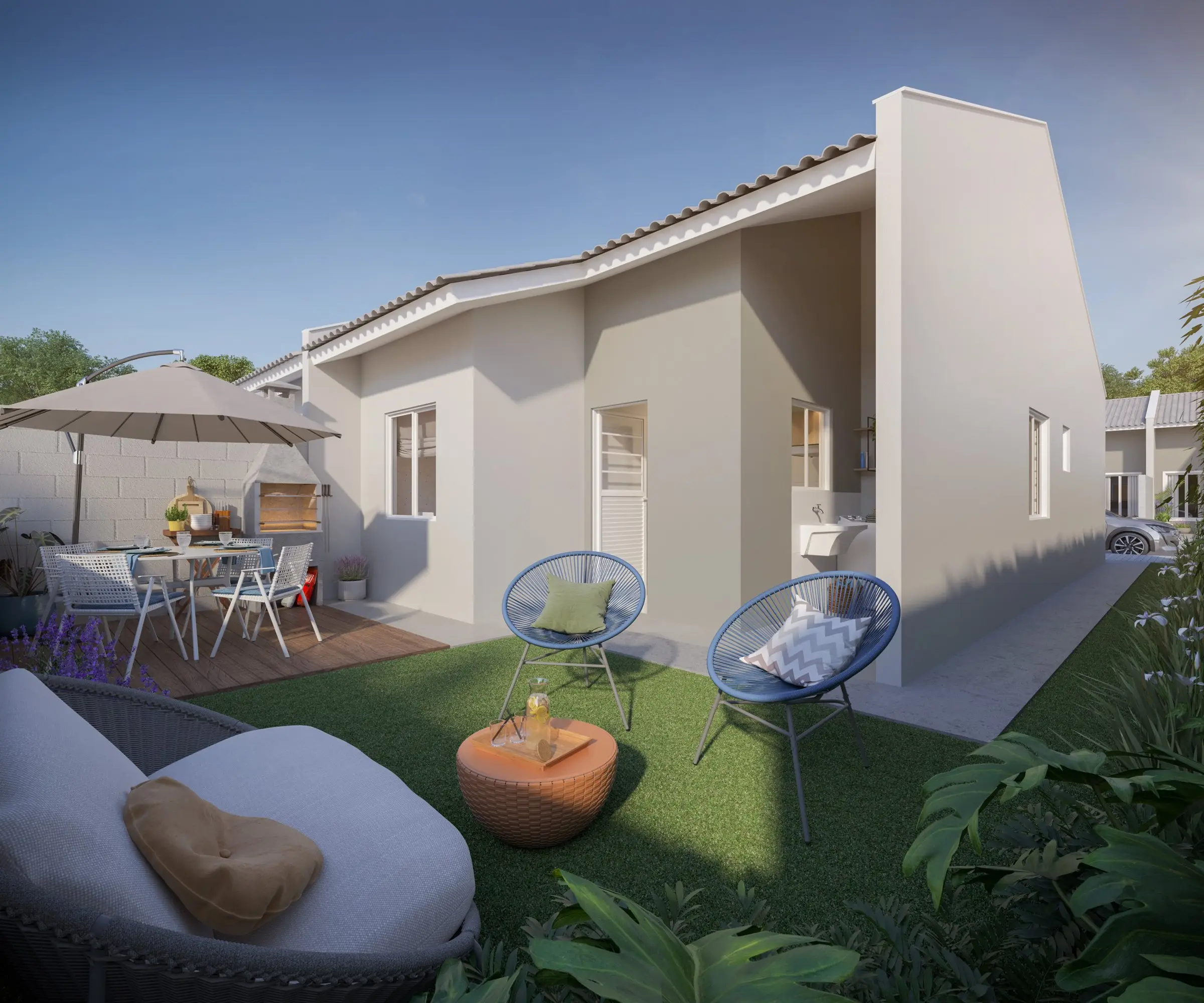 Quintal com gramado, mesa e churrasqueira, render