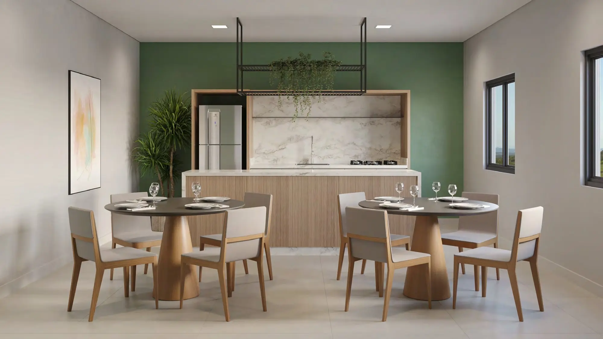 Área gourmet com mesas e cozinha, render