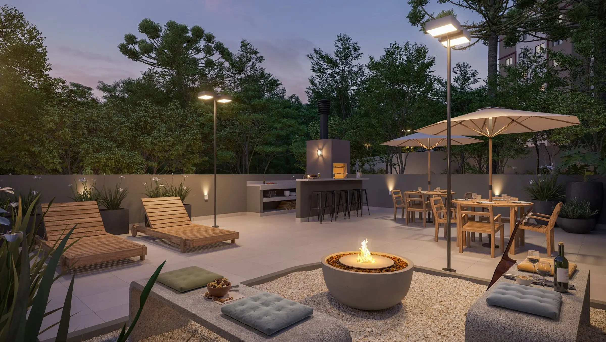 Terraço gourmet, solarium e fire place, render