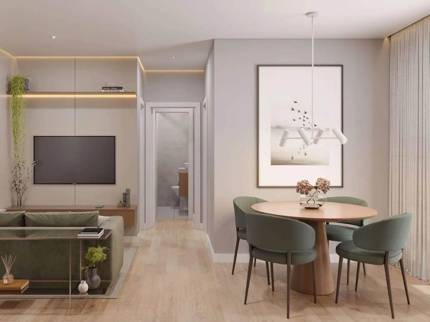 Sala com mesa de jantar e cozinha, render
