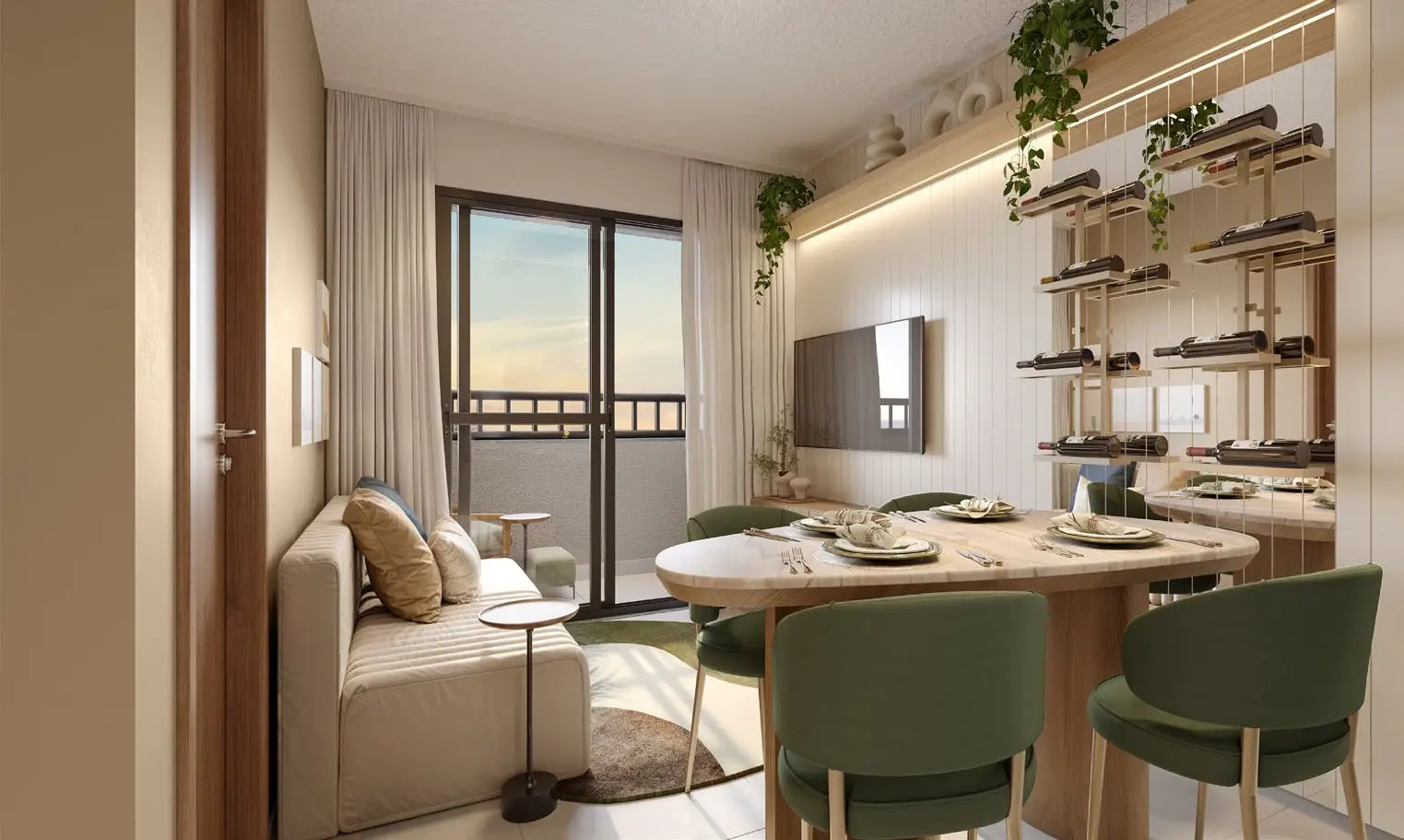 Sala de estar com cozinha integrada, render