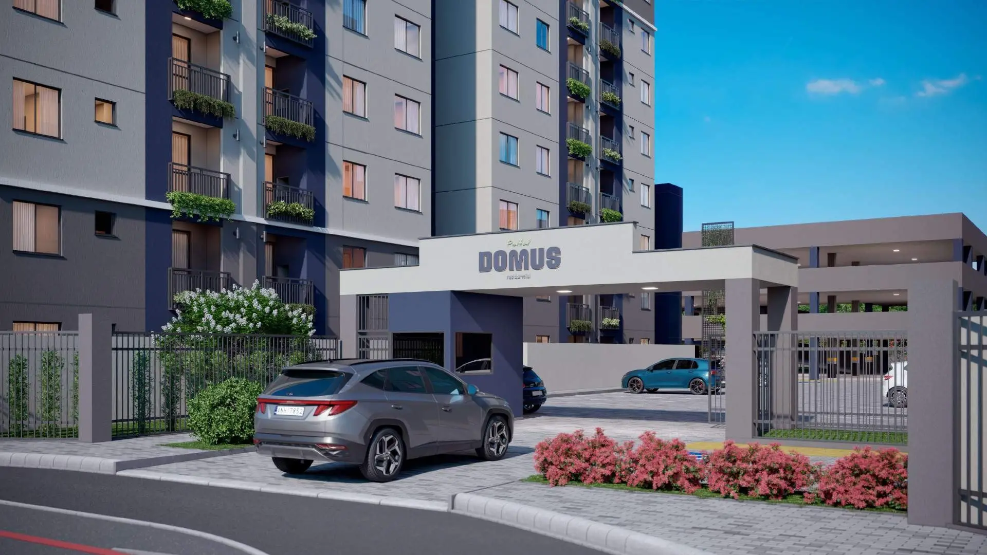 Entrada do condomínio com guarita, render