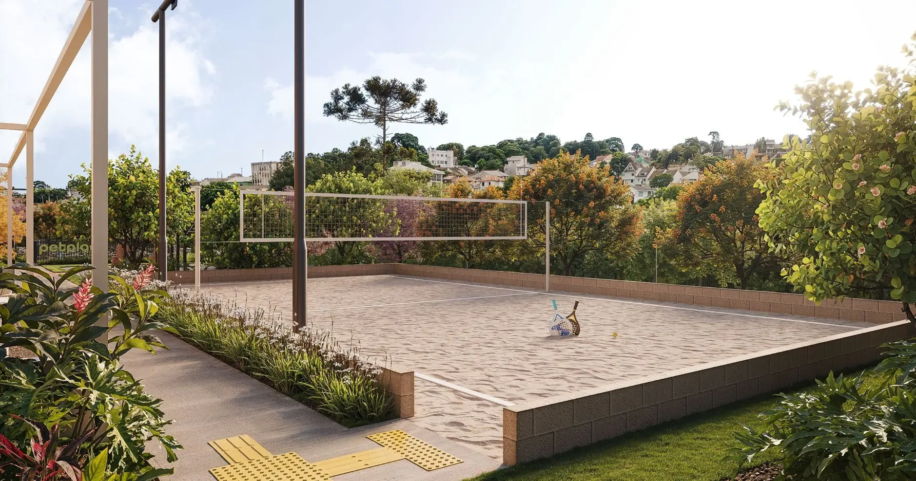 Quadra de areia cercada de jardim, render