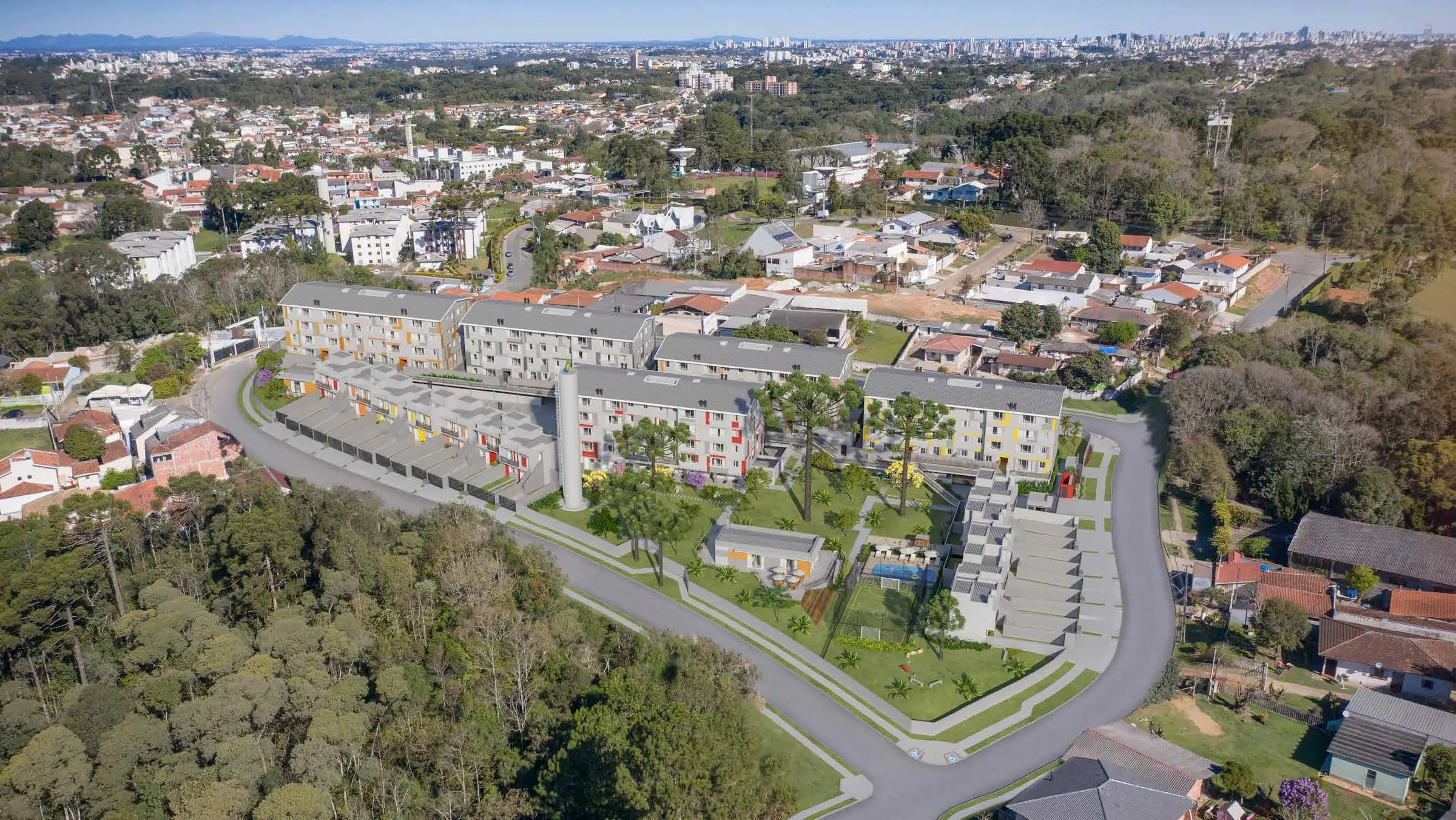 Vista aérea das torres no bairro, render