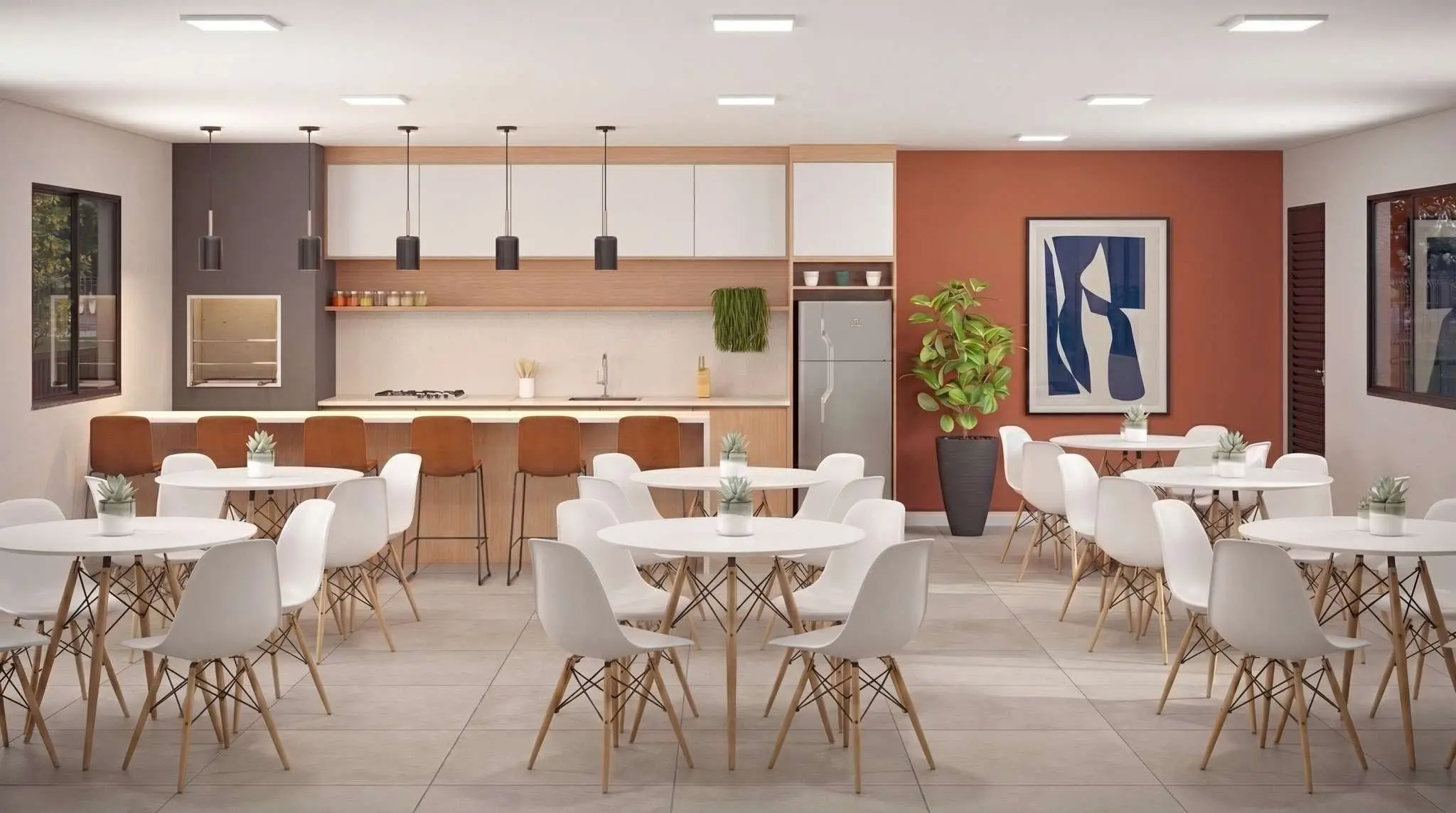 Salão de festas com mesas e cozinha, render
