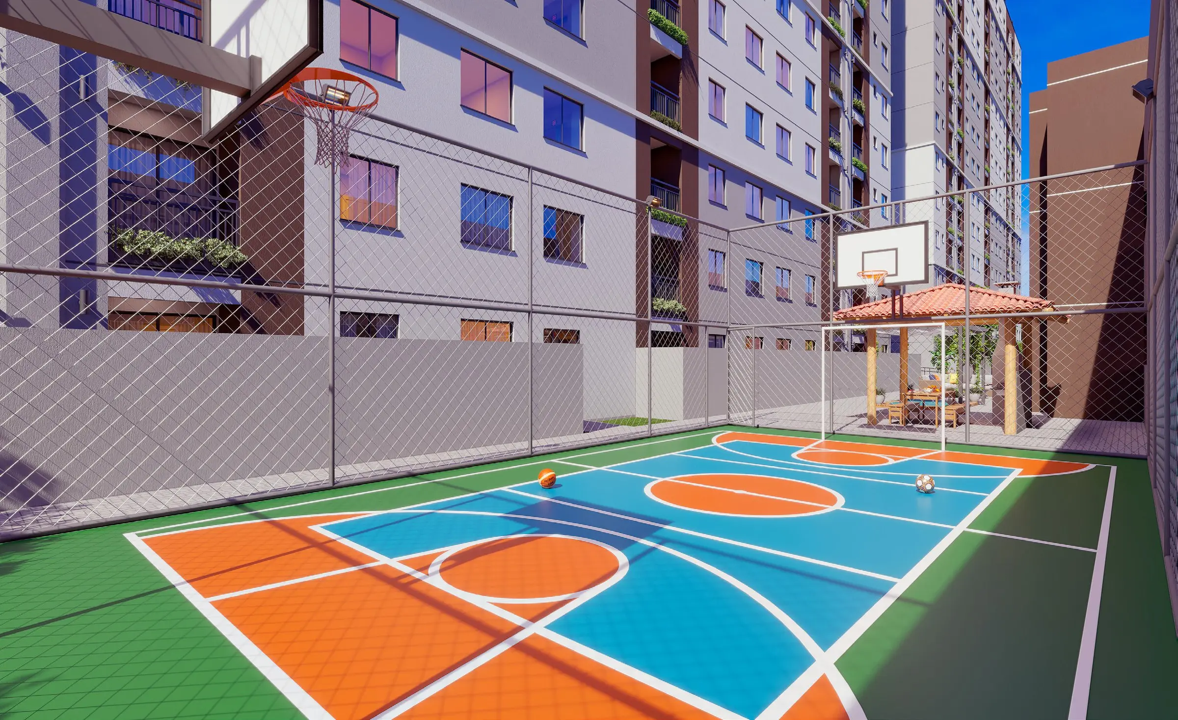 Quadra poliesportiva colorida entre os prédios, render