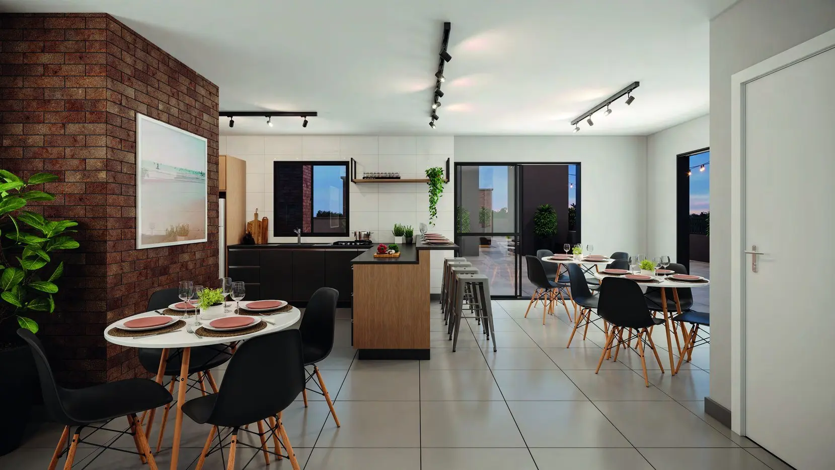 Sala com a cozinha integrada, render