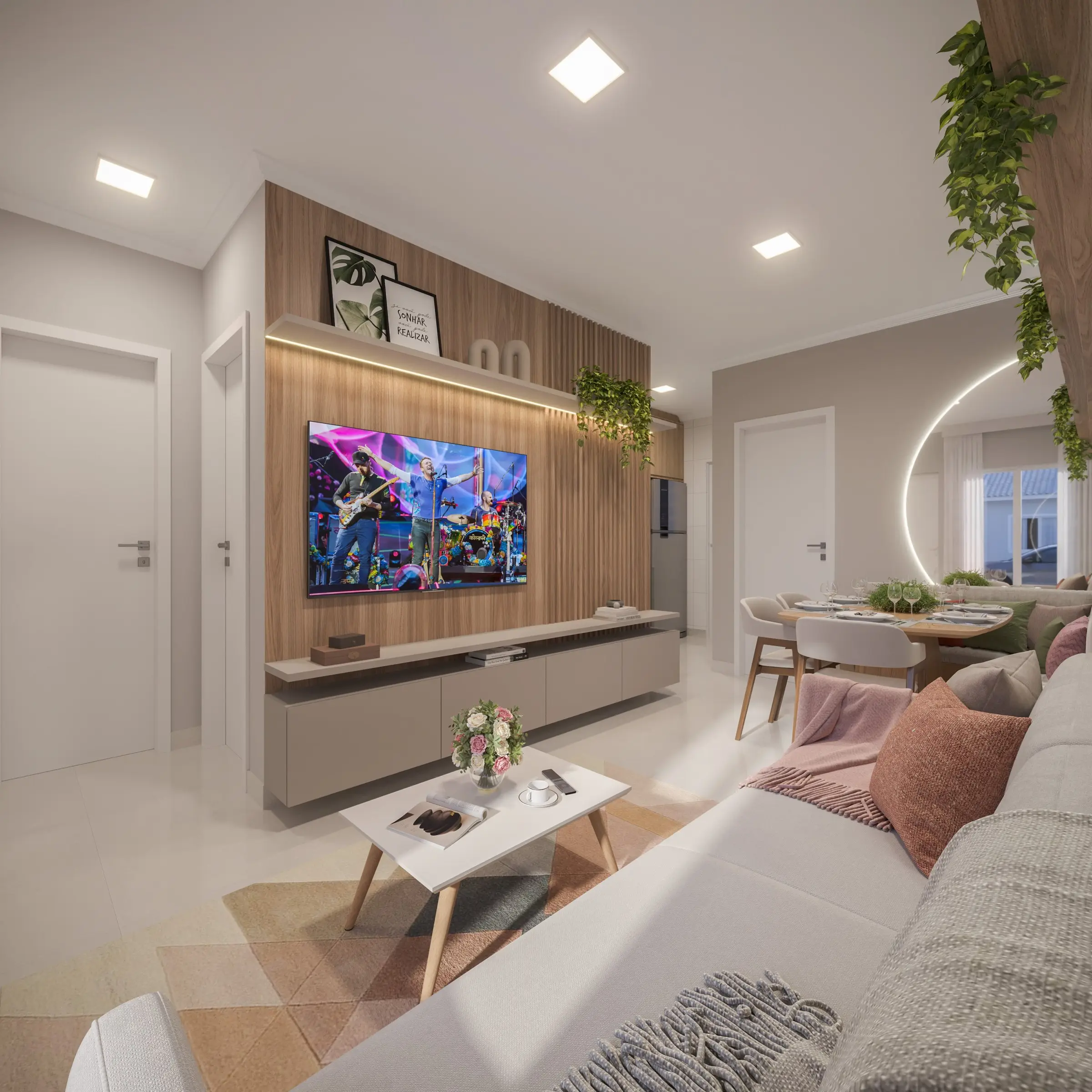 Sala de estar decorada com painel de TV, render