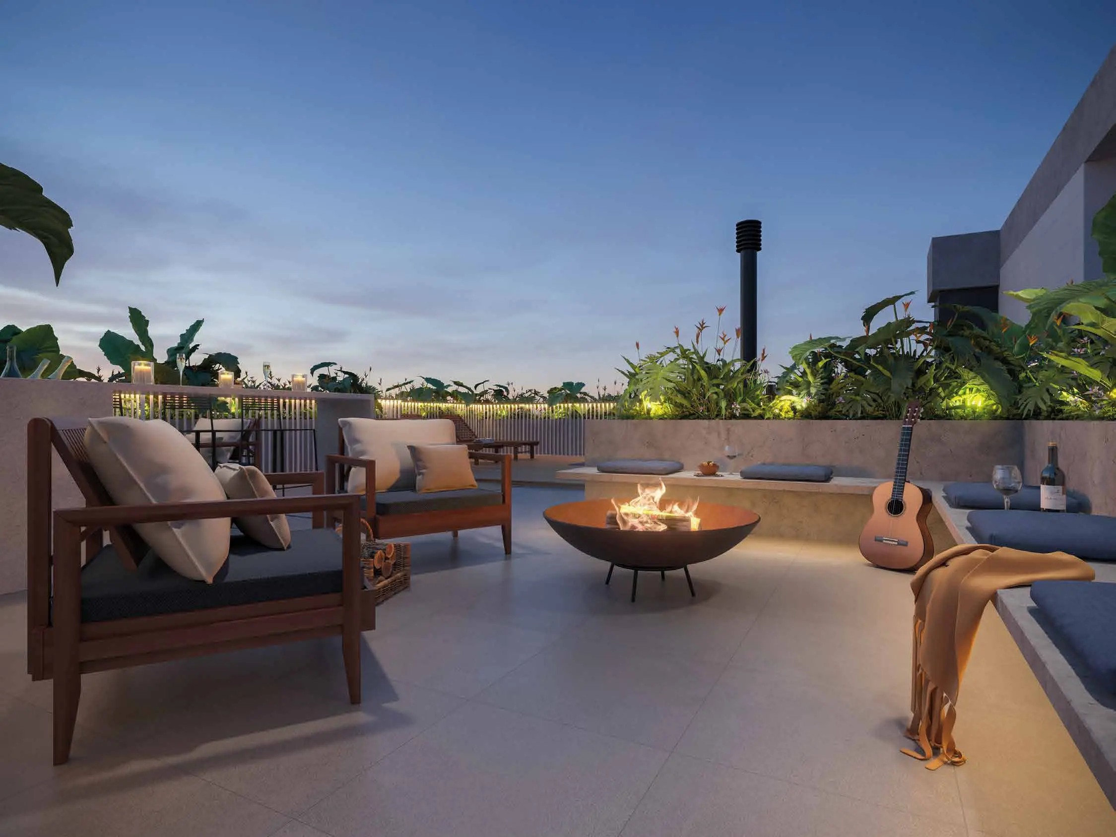 Fire place com sofás ao entardecer, render