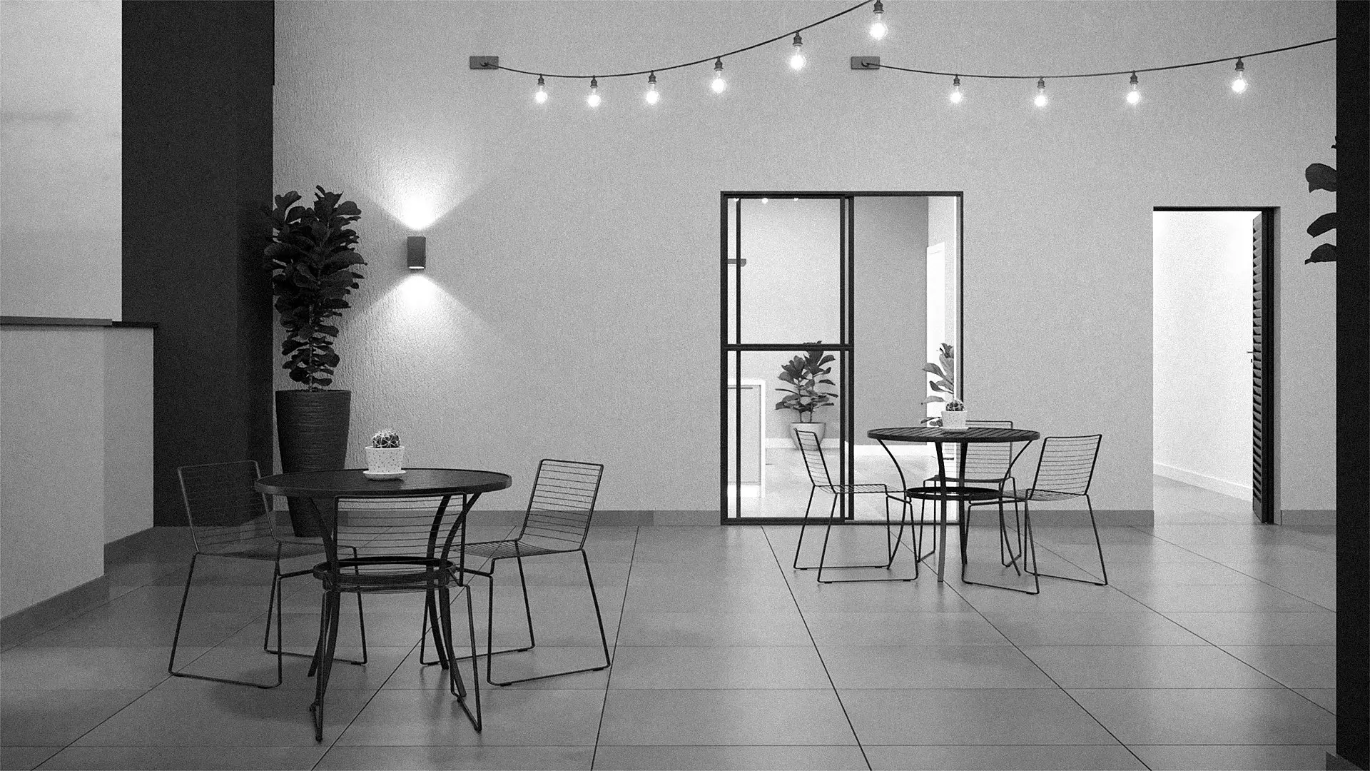 Rooftop com mesas e varal de luzes, render