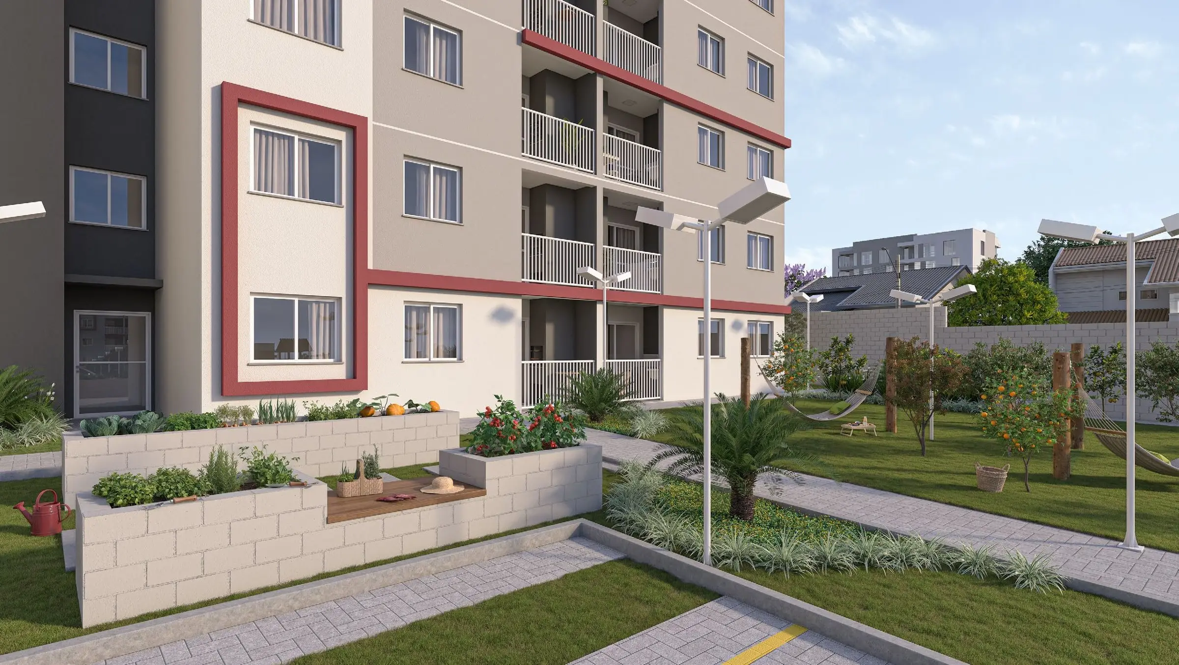 Horta, pomar e redário, render