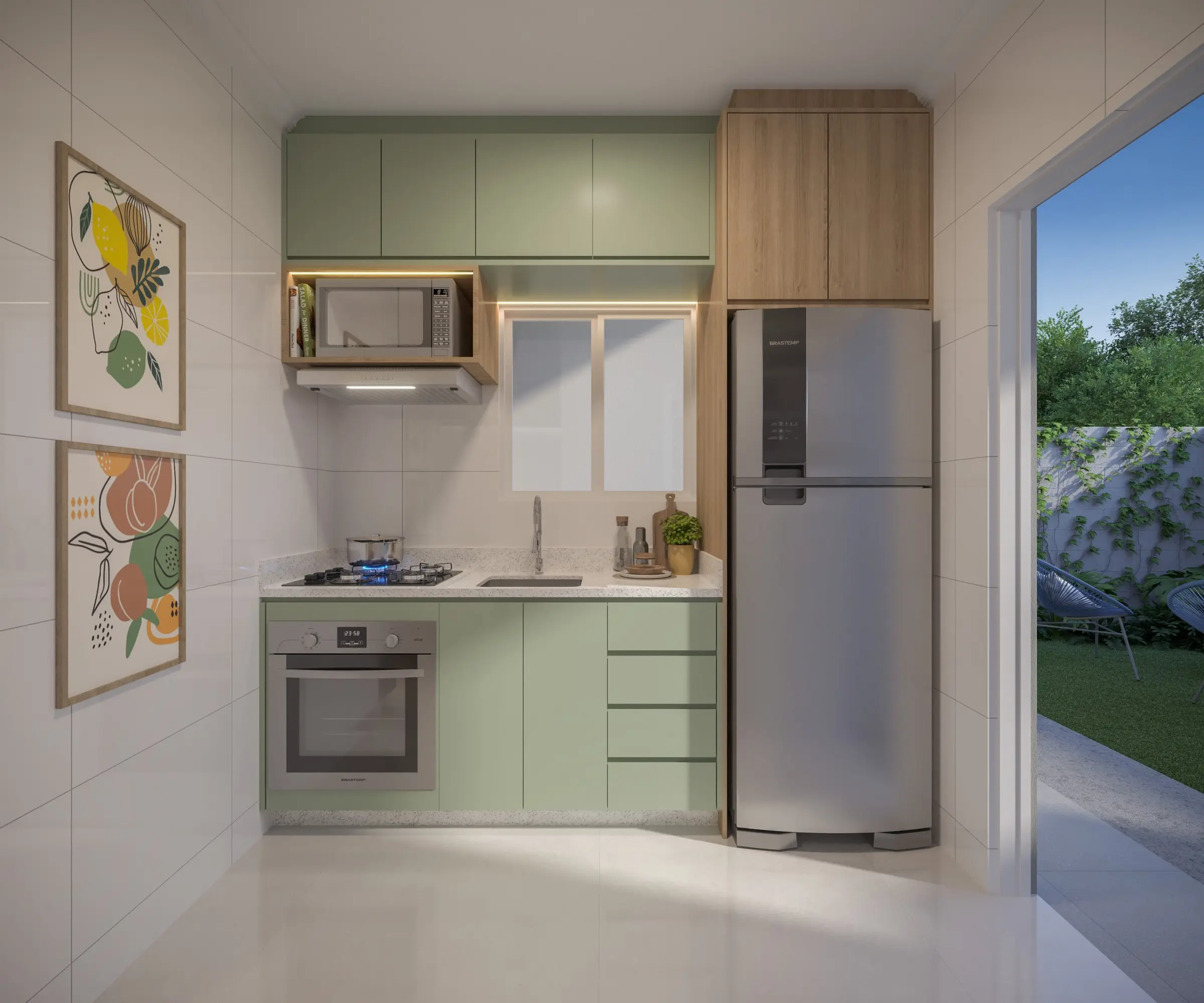Cozinha com armários verdes e geladeira, render