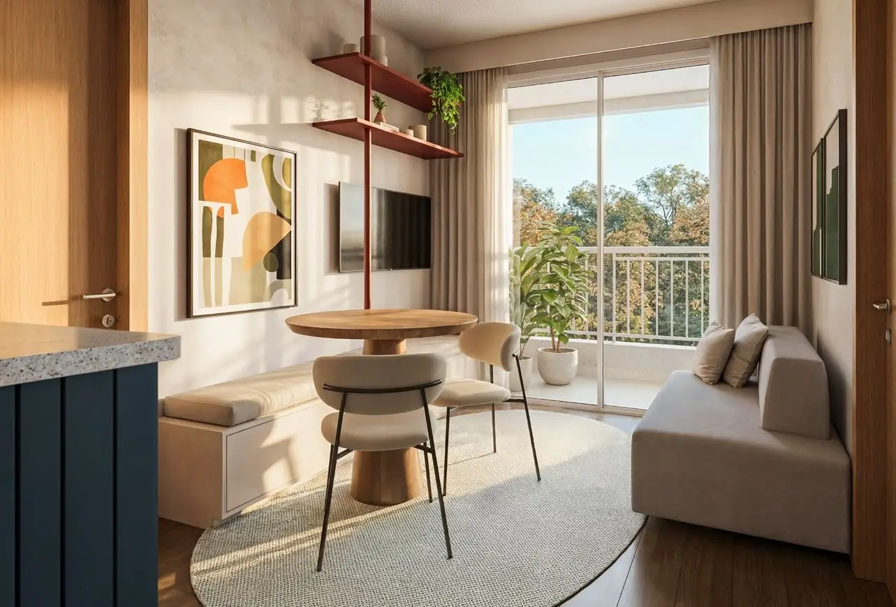 Sala de estar decorada com janela ampla, render
