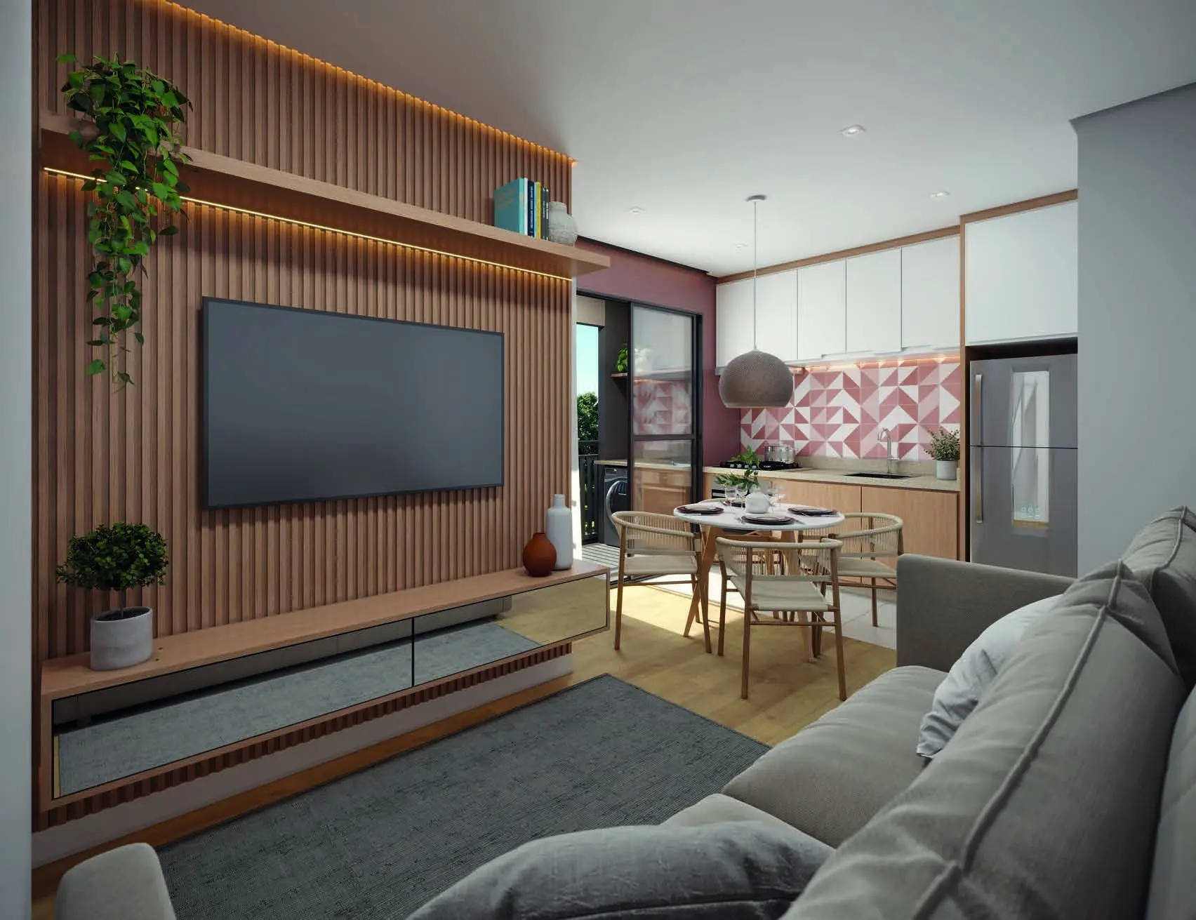 Sala com a cozinha integrada, render