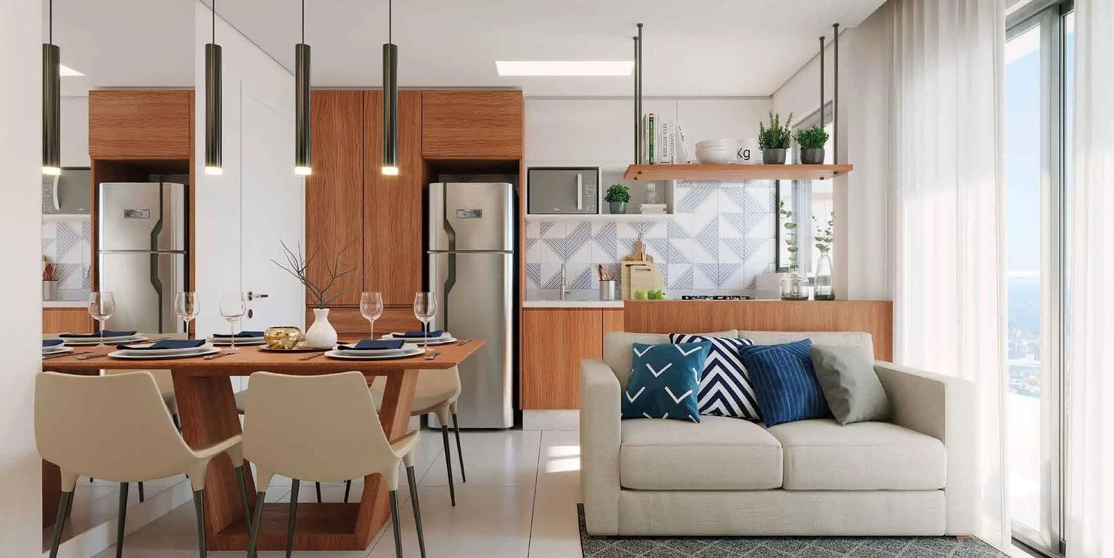 Sala com a cozinha, render