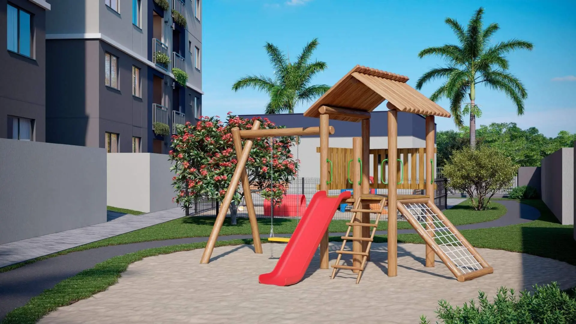 Playground com escorregador entre os blocos, render
