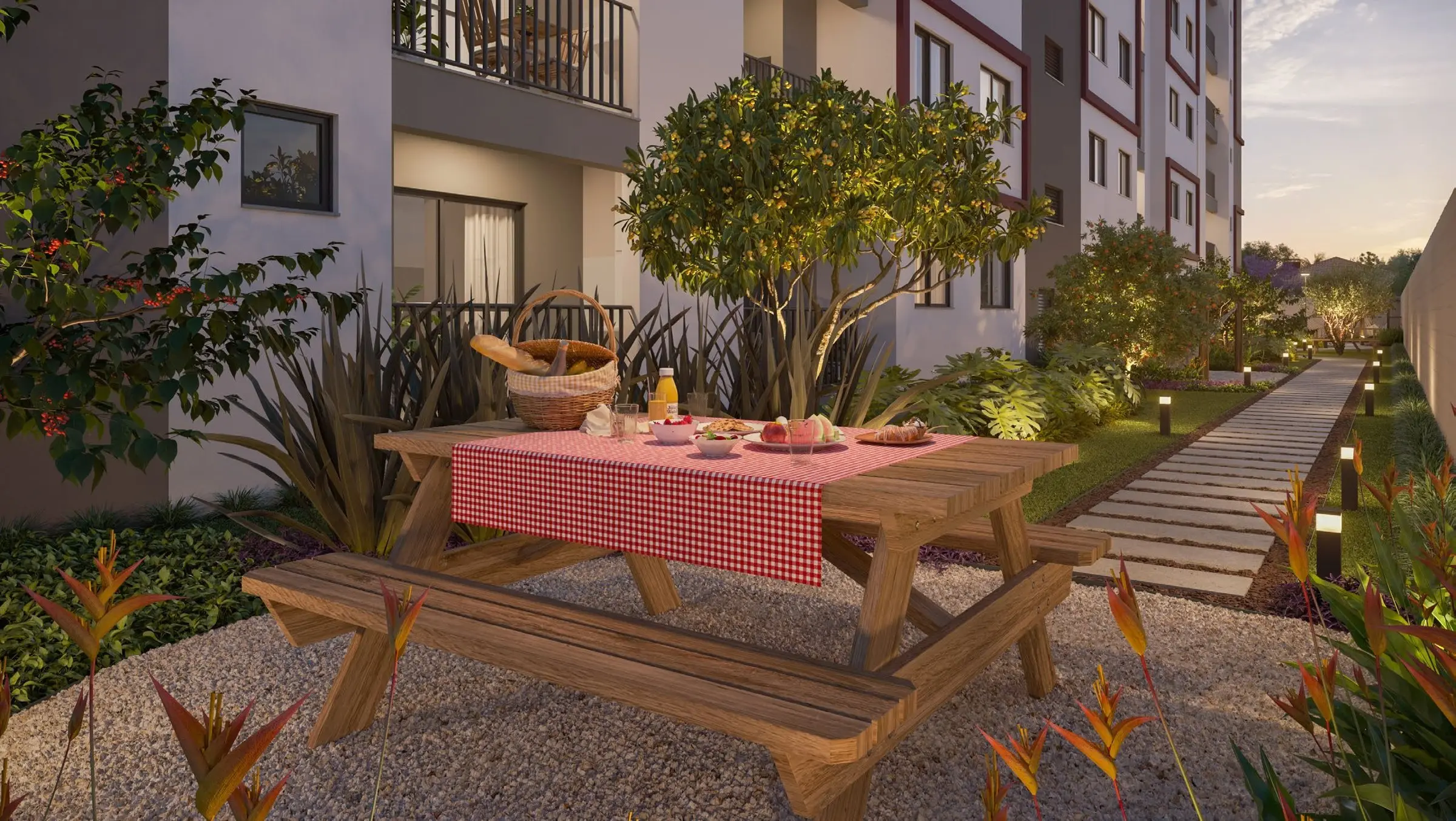 Espaço piquenique e pomar, render