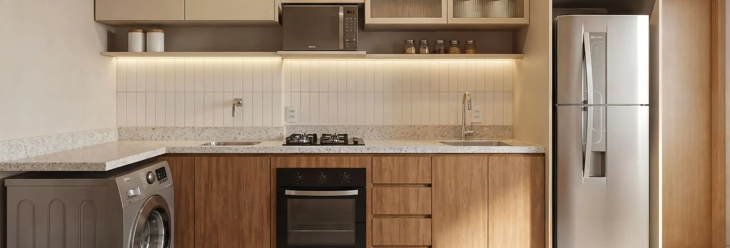 Cozinha planejada com geladeira e fogão, render