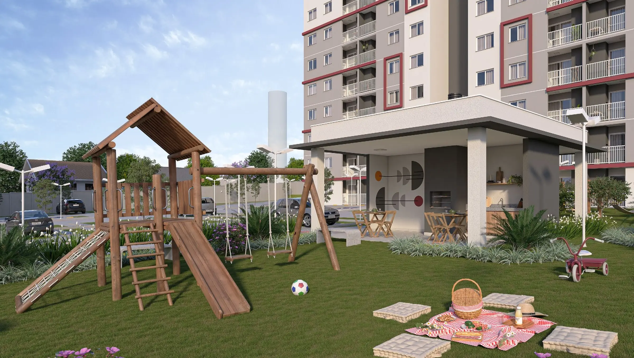 Playground, quiosque e espaço piquenique, render